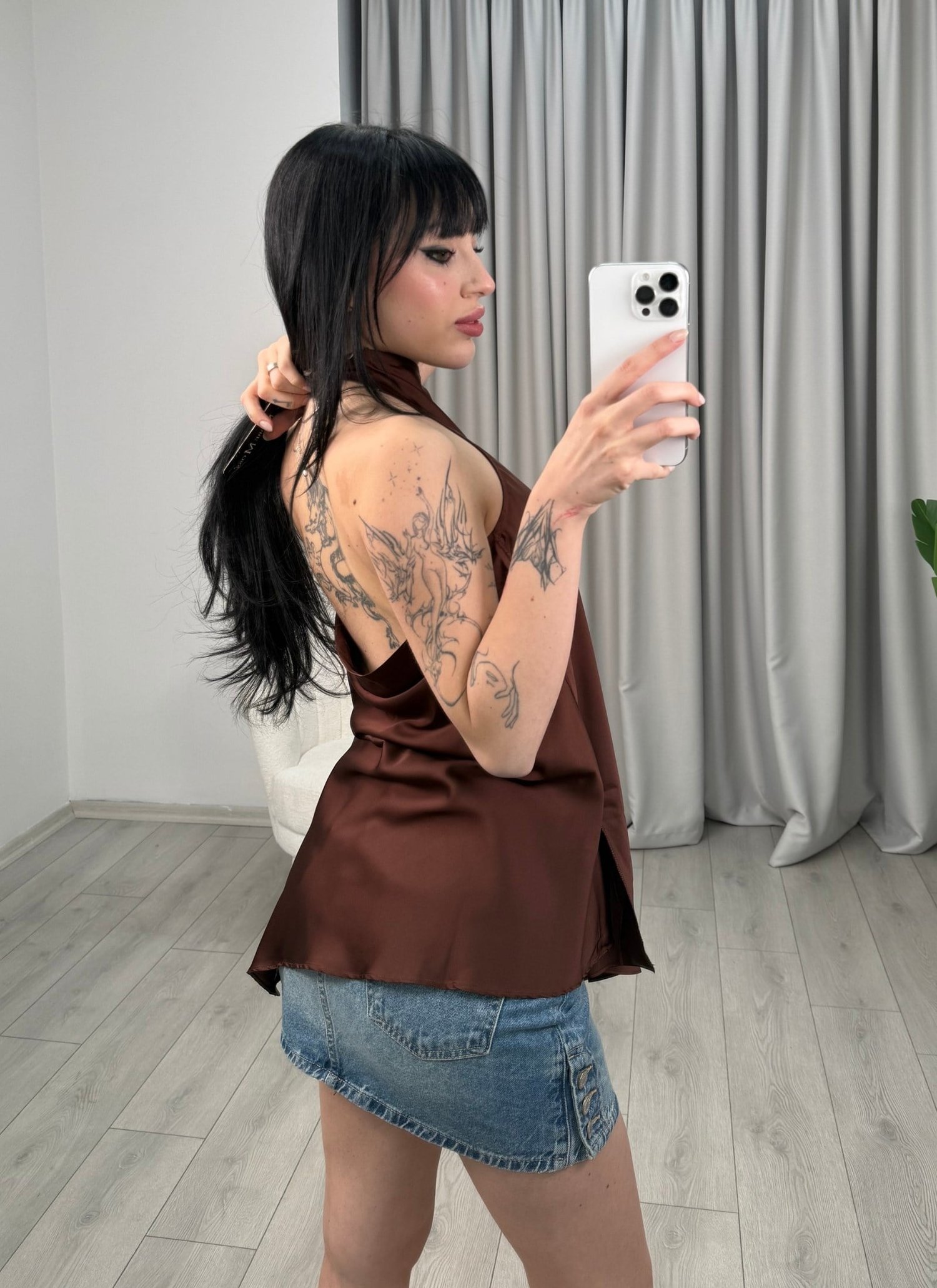 Maya Saten Bluz Kahve