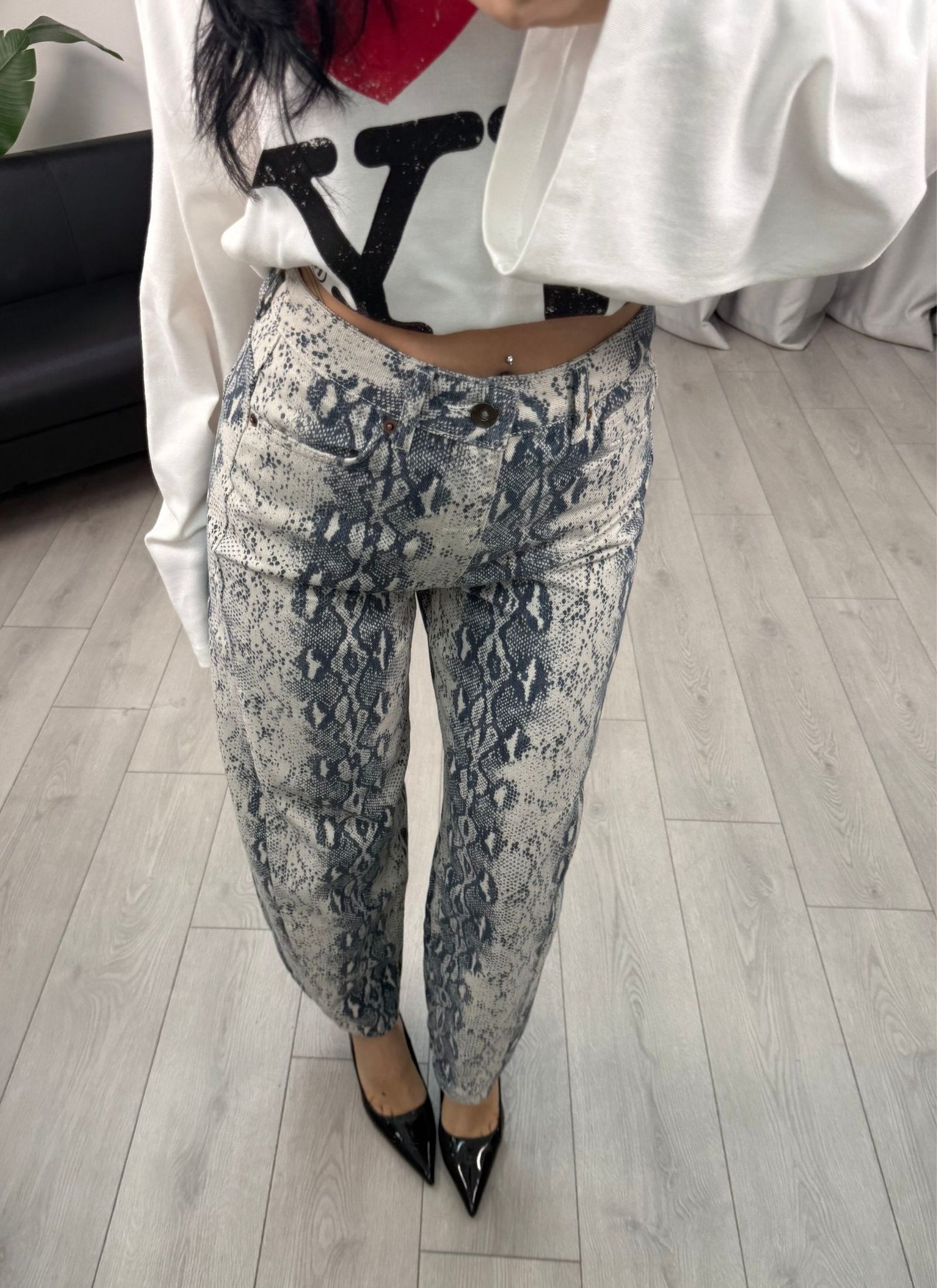 Yılan Desenli Jean Siyah