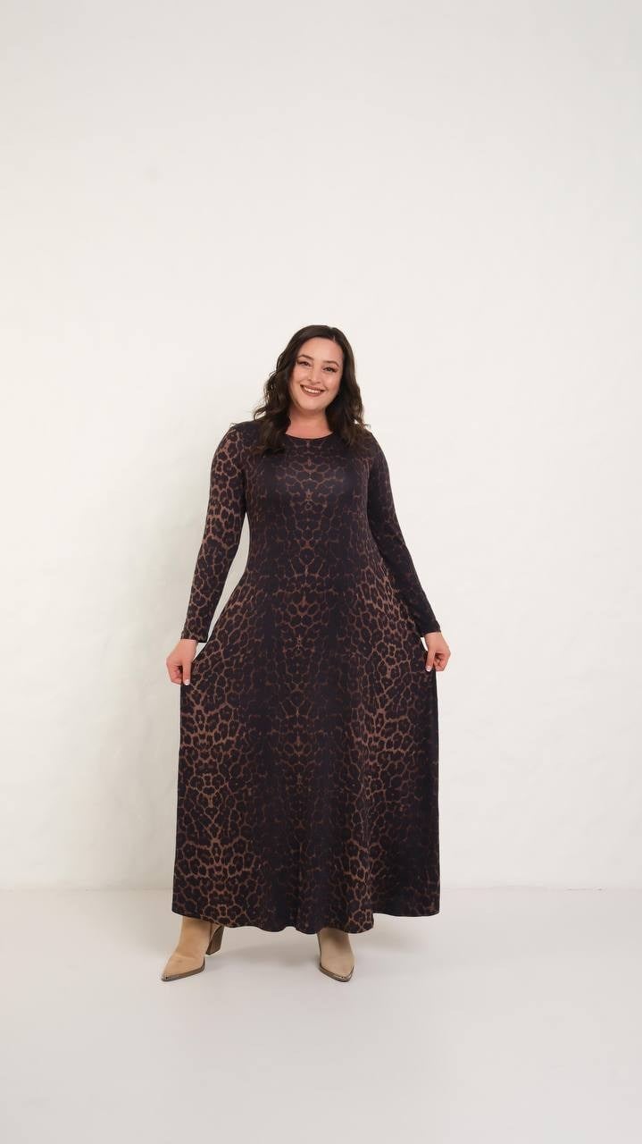 Leopar Tam Boy Şal Desen Elbise 