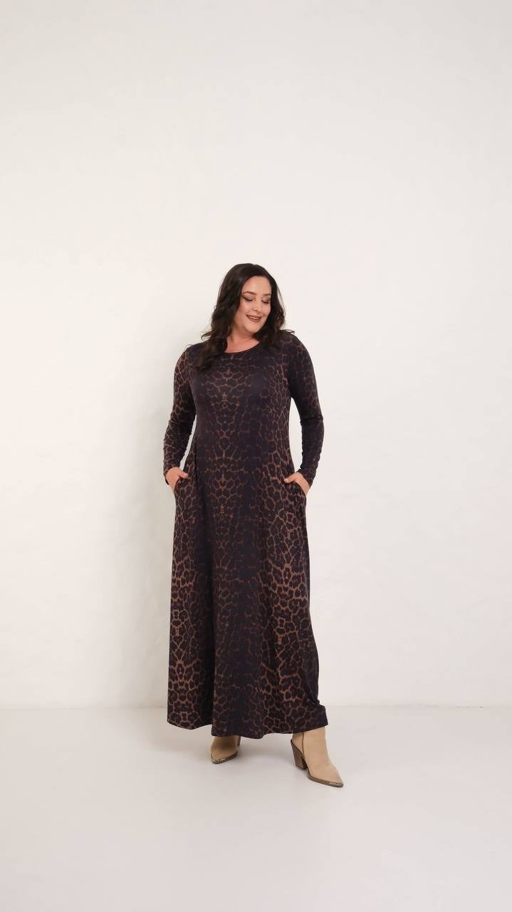 Leopar Tam Boy Şal Desen Elbise 