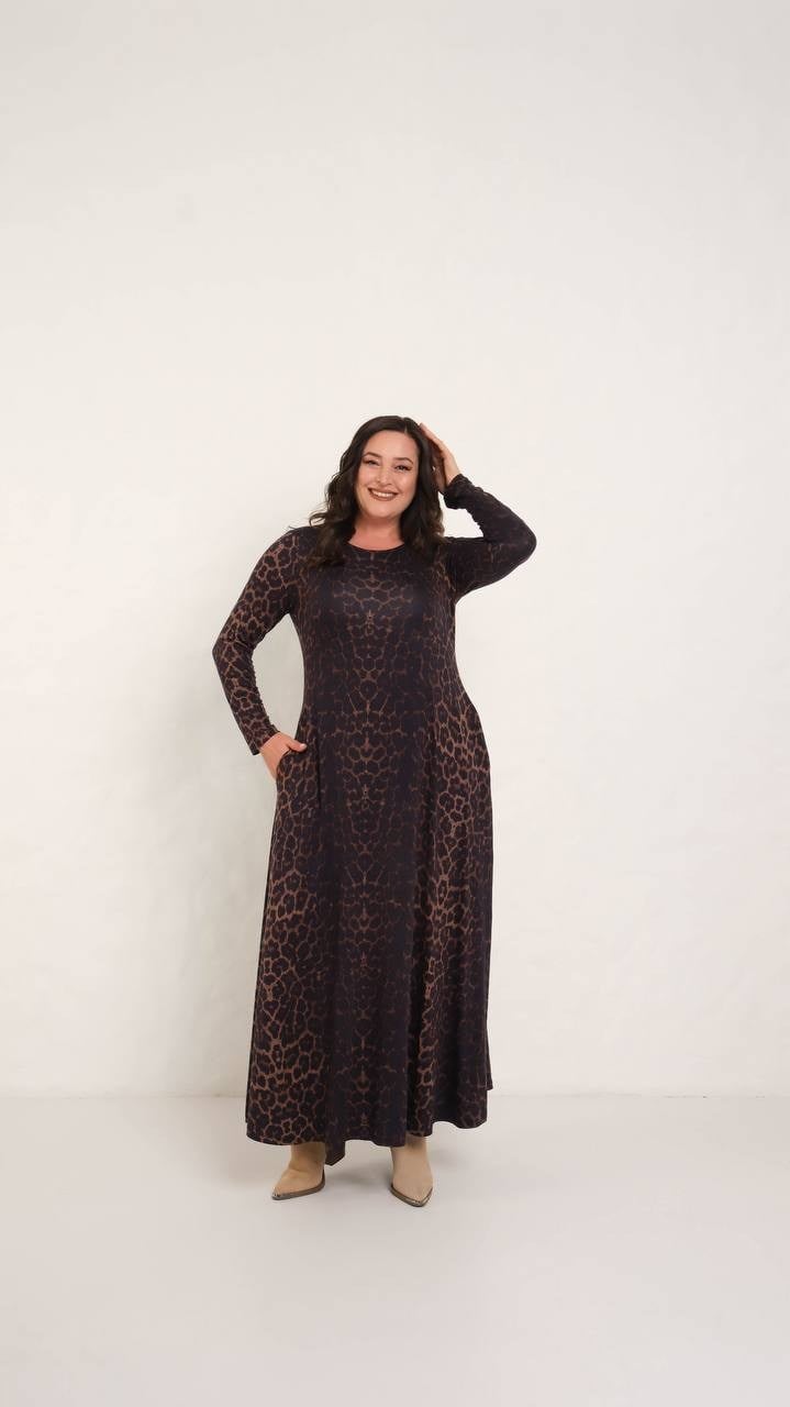 Leopar Tam Boy Şal Desen Elbise 