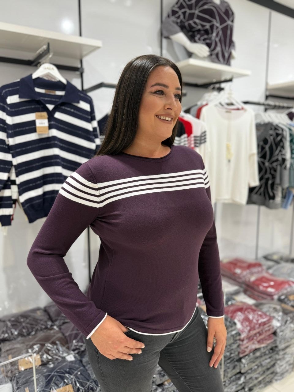 Mürdüm İnce Çizgili Triko Bluz