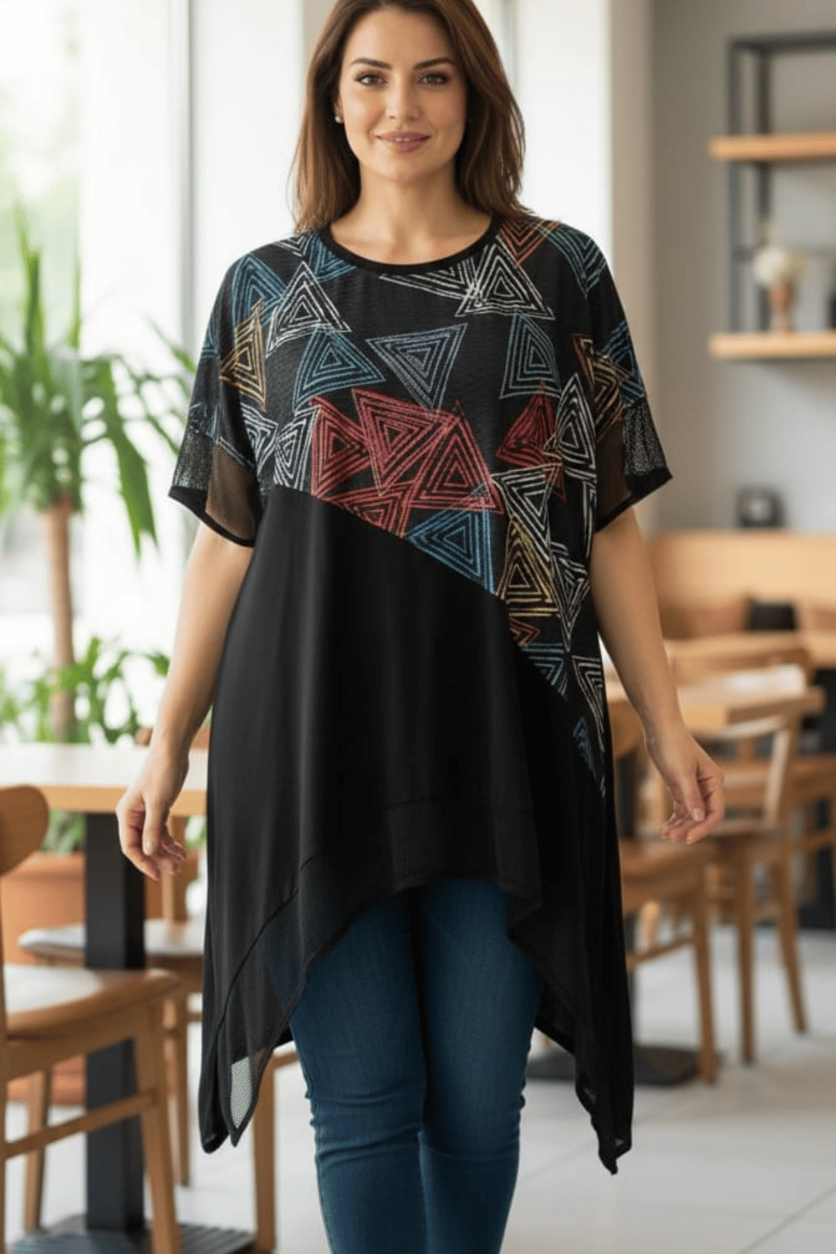Viskon Penye Likralı File Detaylı Taşlı Asimetrik T-shirt Siyah