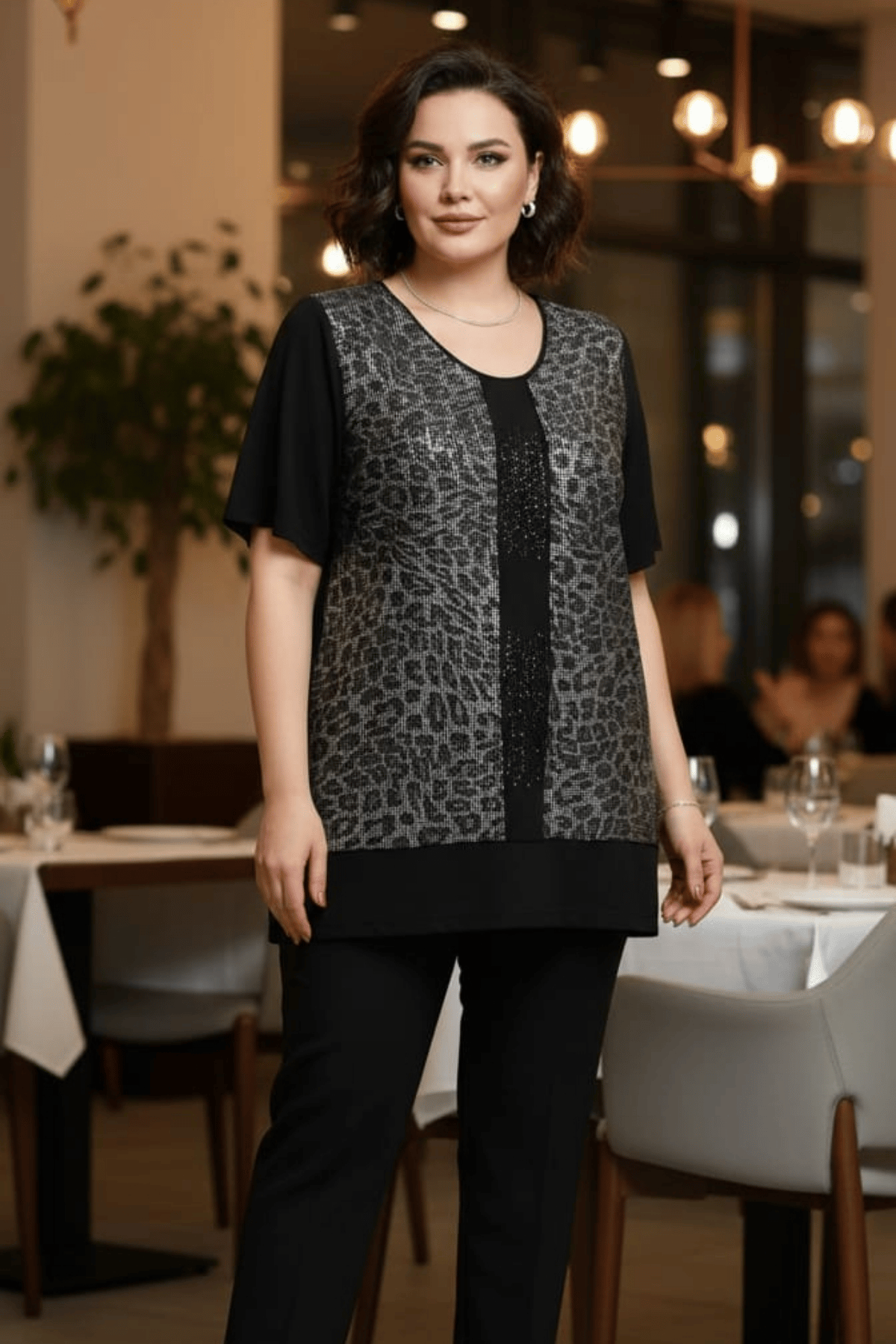Viskon Penye Likralı Leoparlı Şık T-shirt Bluz Siyah