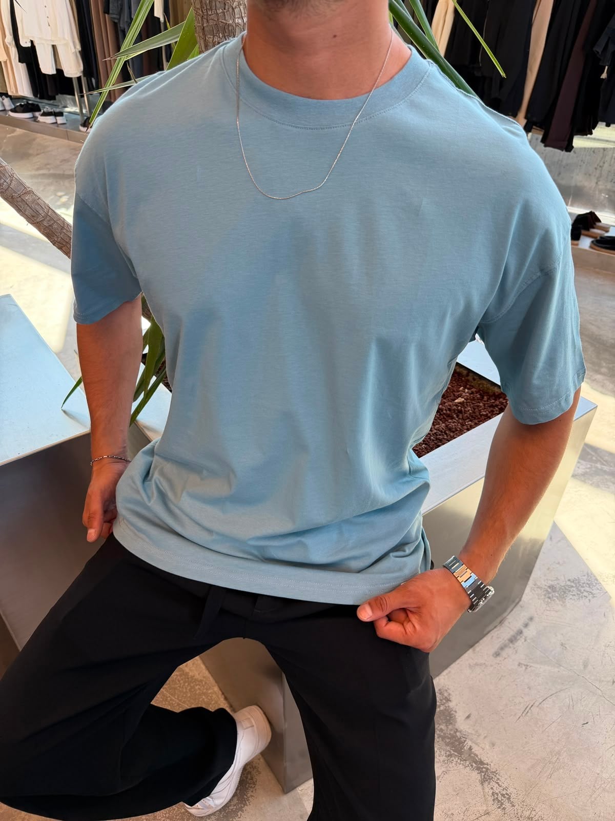 Açık Mavi Qawis Oversize Basic T-Shirt QW01