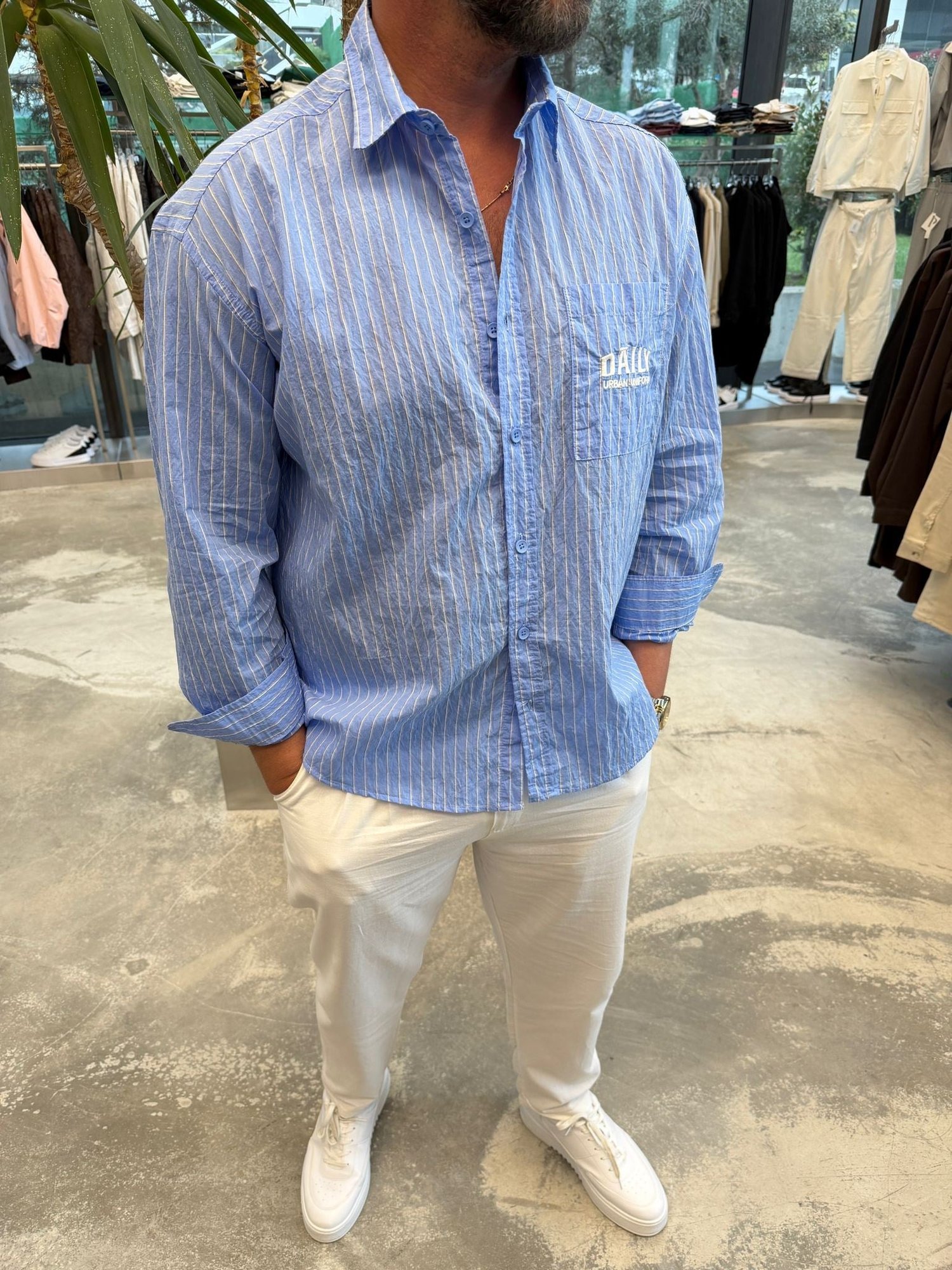 Bebe Mavisi GG Daily Baskılı Çizgili Oversize Gömlek 