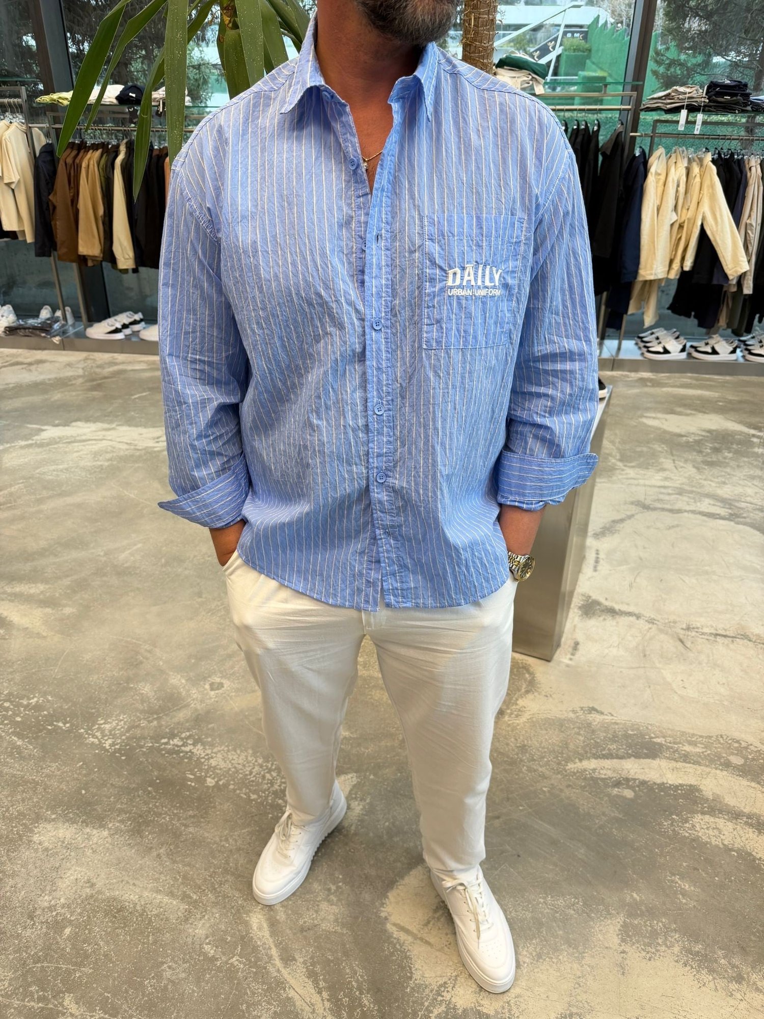 Bebe Mavisi GG Daily Baskılı Çizgili Oversize Gömlek 