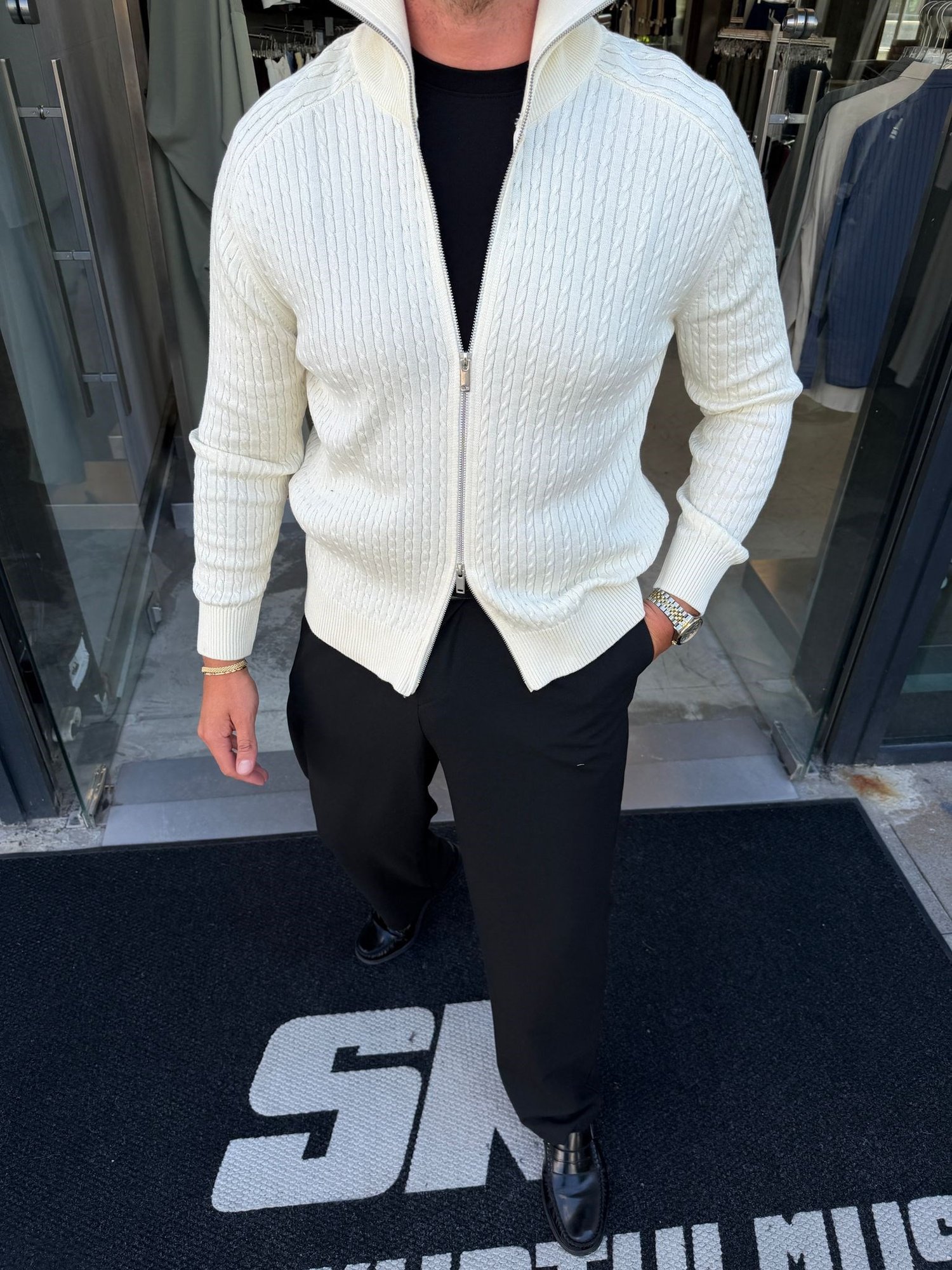 Beyaz Çelik Örme Çift Fermuar Hırka MR2850