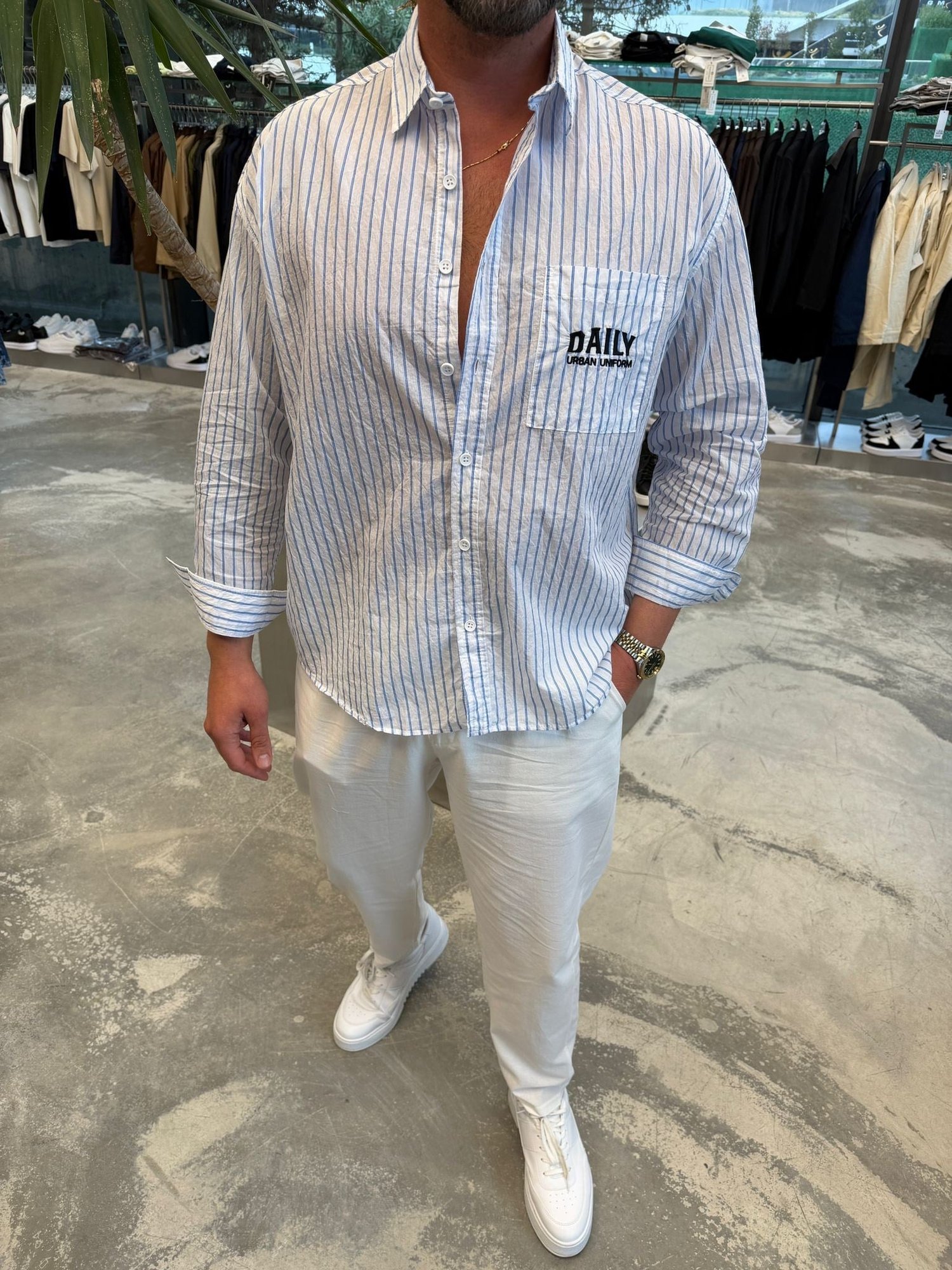 Beyaz GG Daily Baskılı Çizgili Oversize Gömlek 
