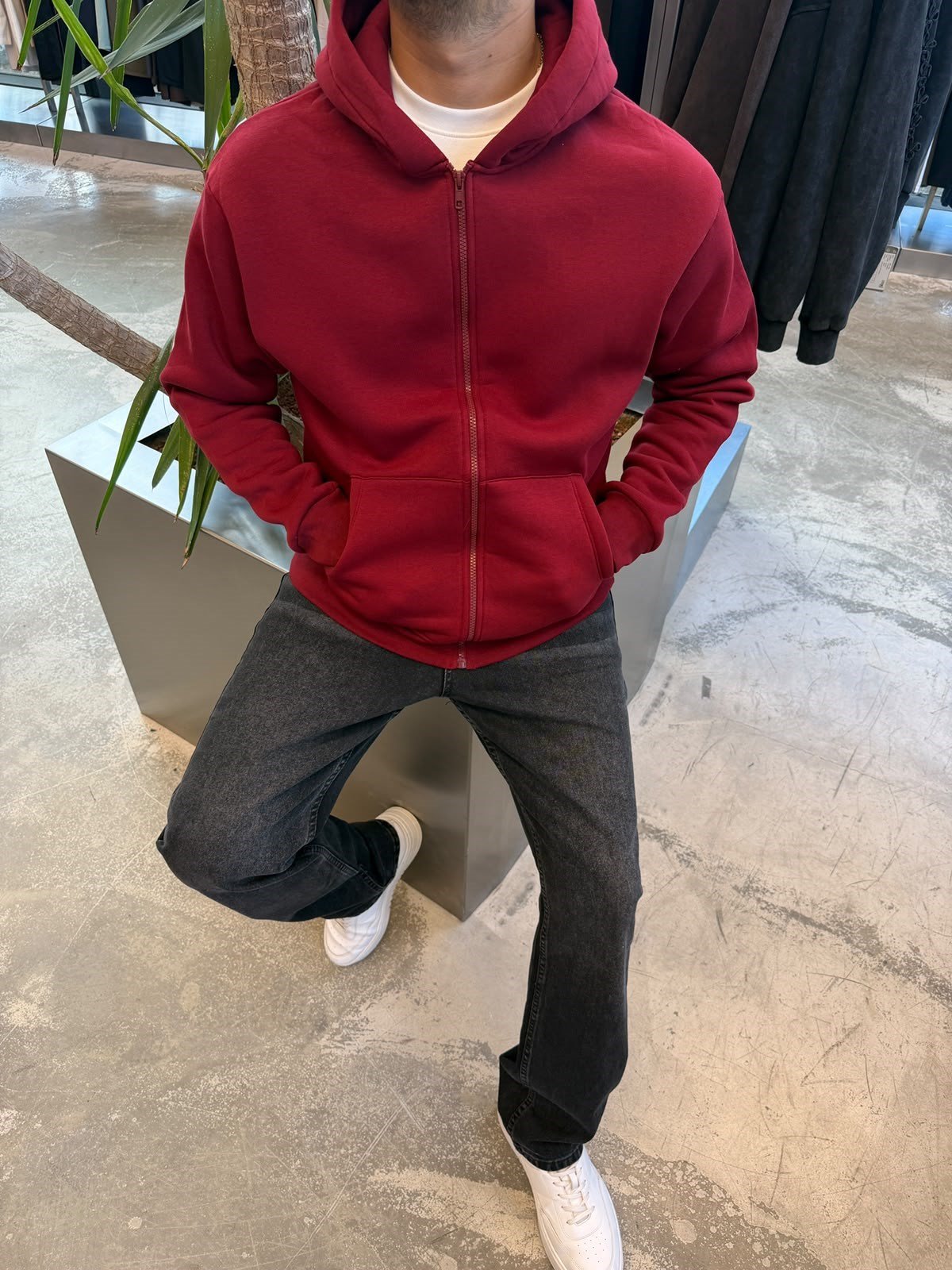 Bordo Basic Fermuarlı Kapişonlu Sweat SP78
