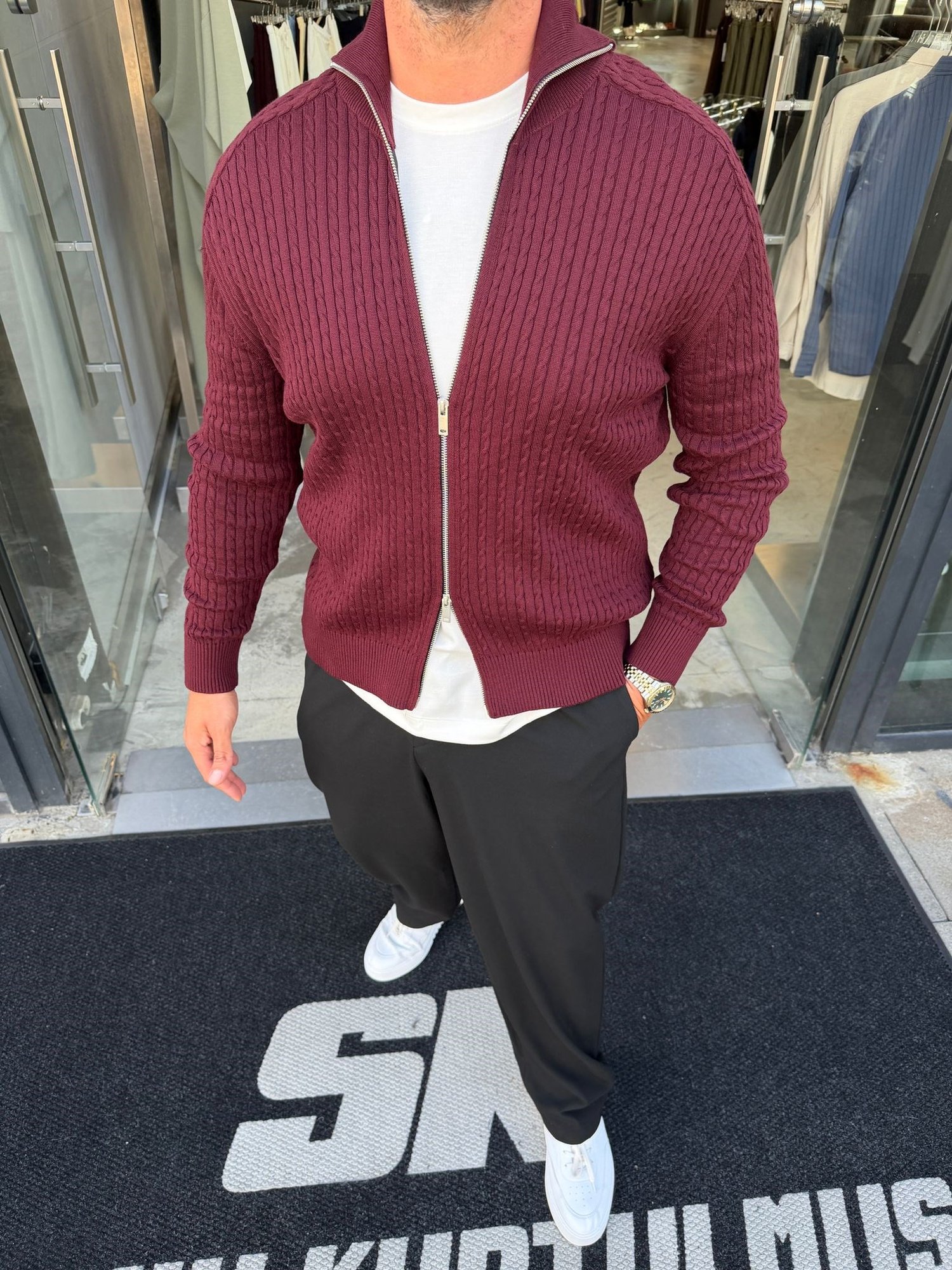 Bordo Çelik Örme Çift Fermuar Hırka MR2850