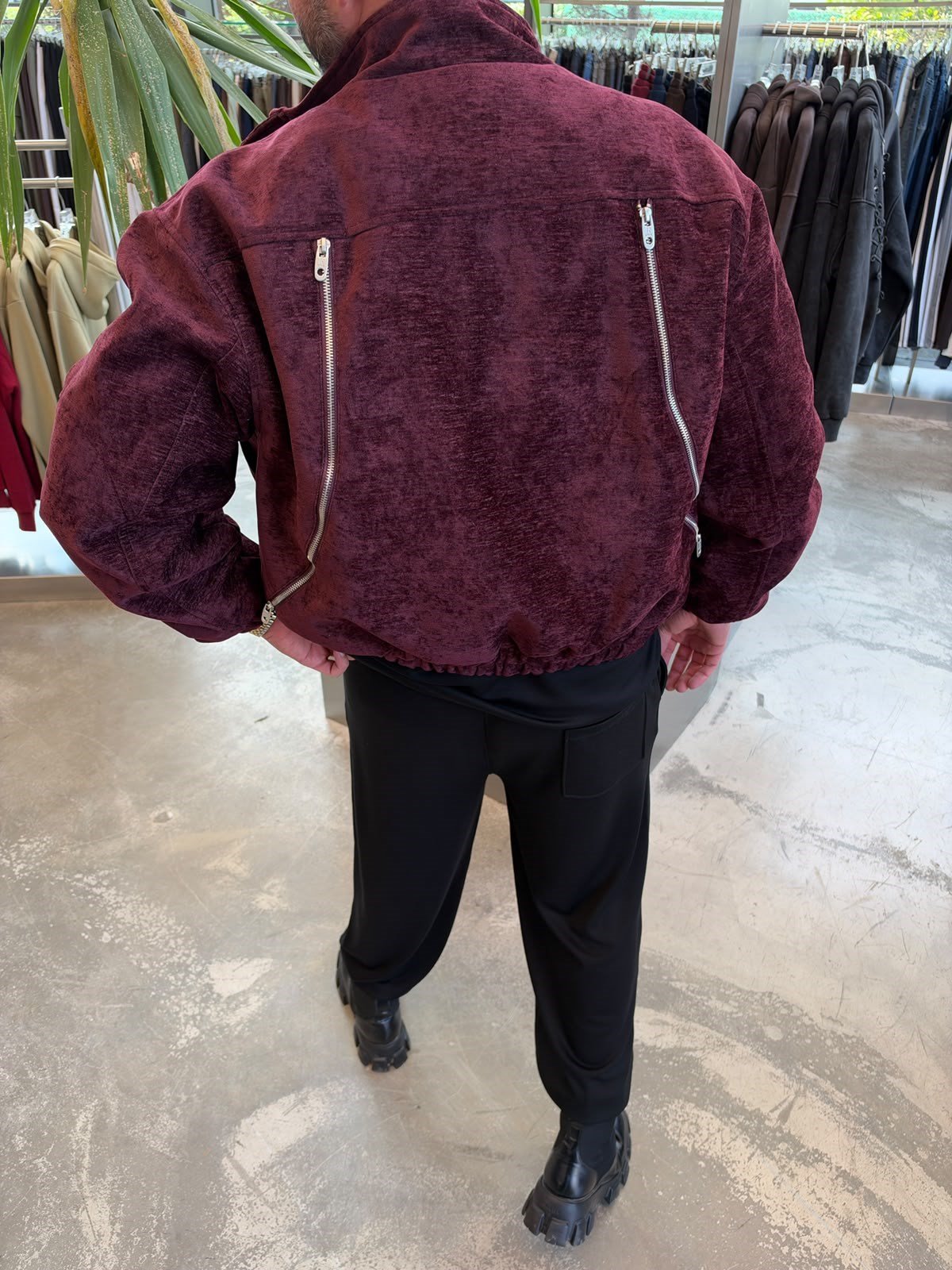 Bordo Fermuar Sırt Detaylı İthal Kadife Mont RT220