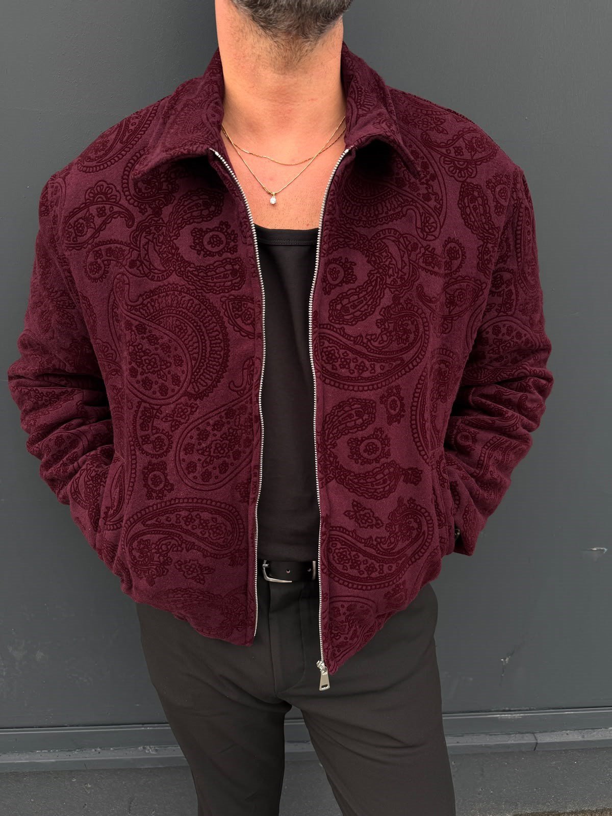 Bordo Flok Baskı Etnik Desen Mont SNZ4978