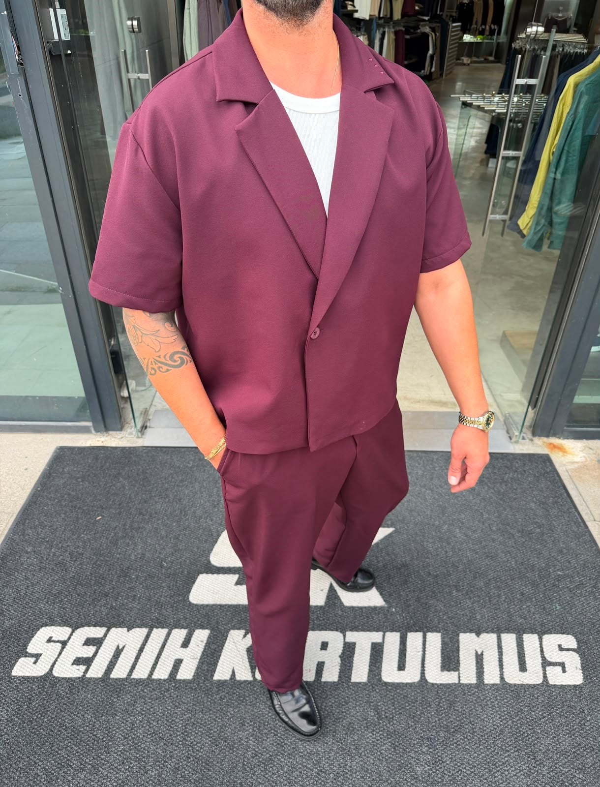 Bordo Kısa Kollu Kruvaze Takım