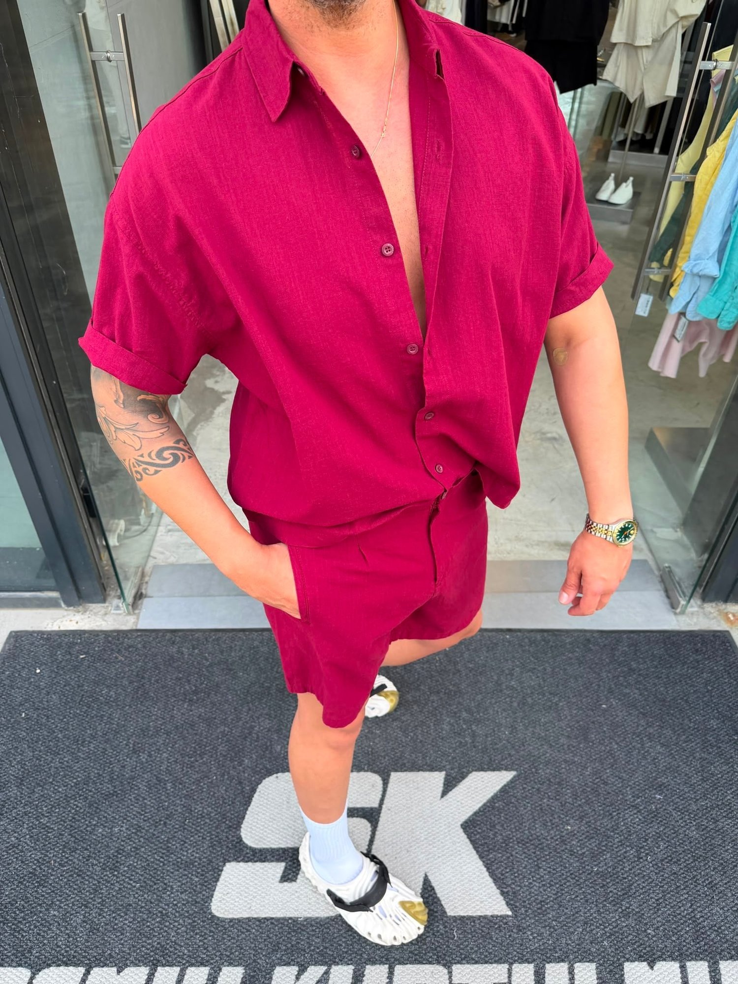 Bordo SNZ Box-Fit Keten Şortlu Takım