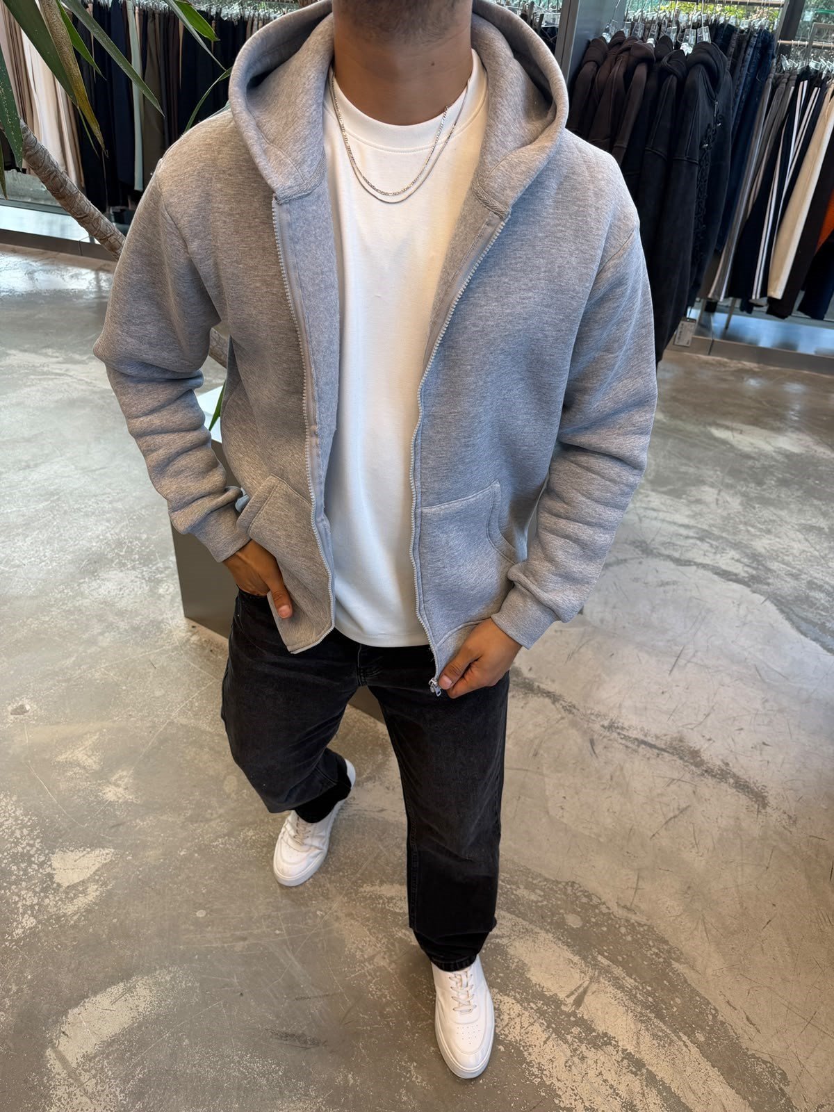 Gri Basic Fermuarlı Kapişonlu Sweat SP78