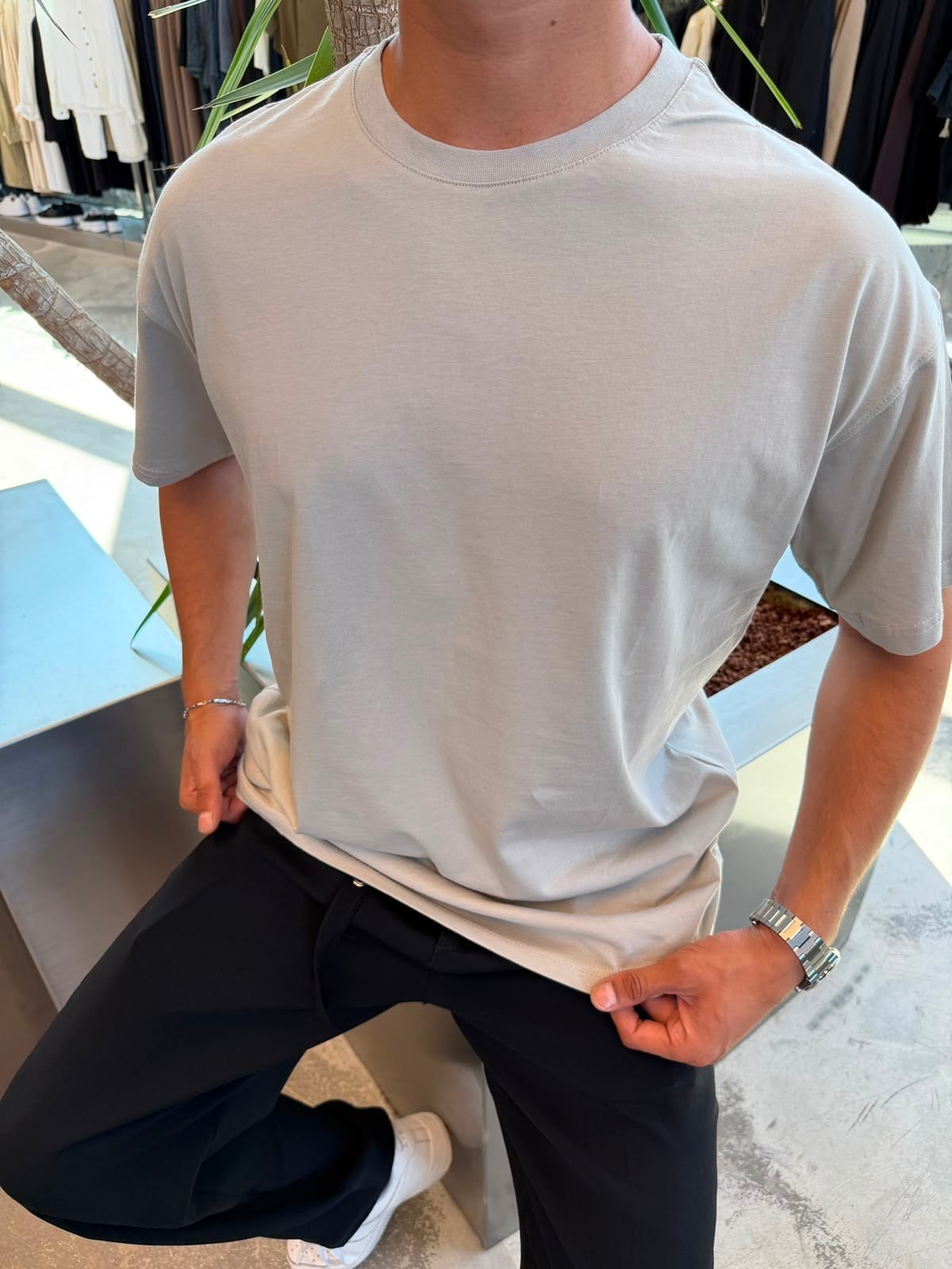 Gri Qawis Oversize Basic T-Shirt QW01