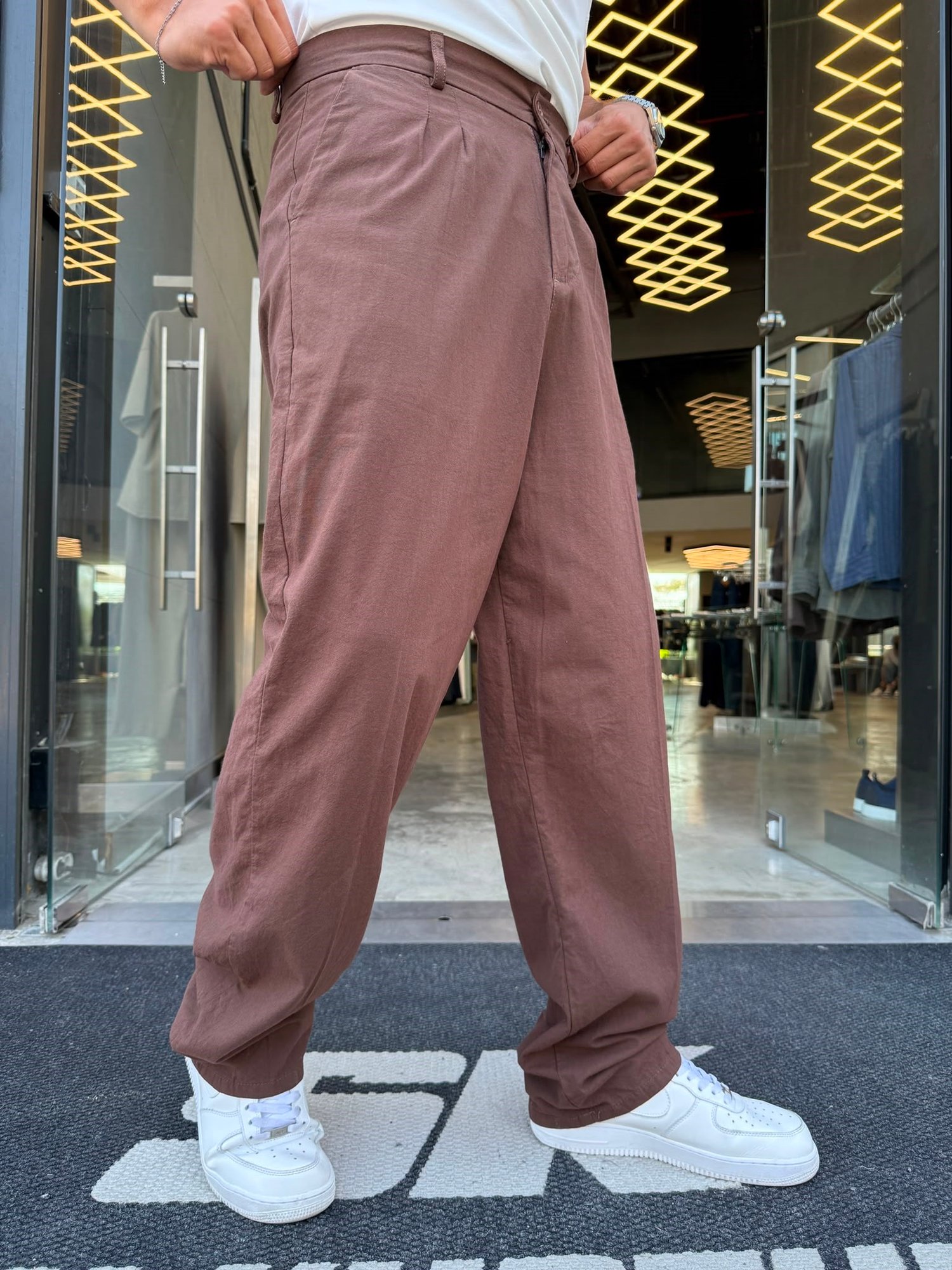 Kahverengi Keten Baggy Pantolon