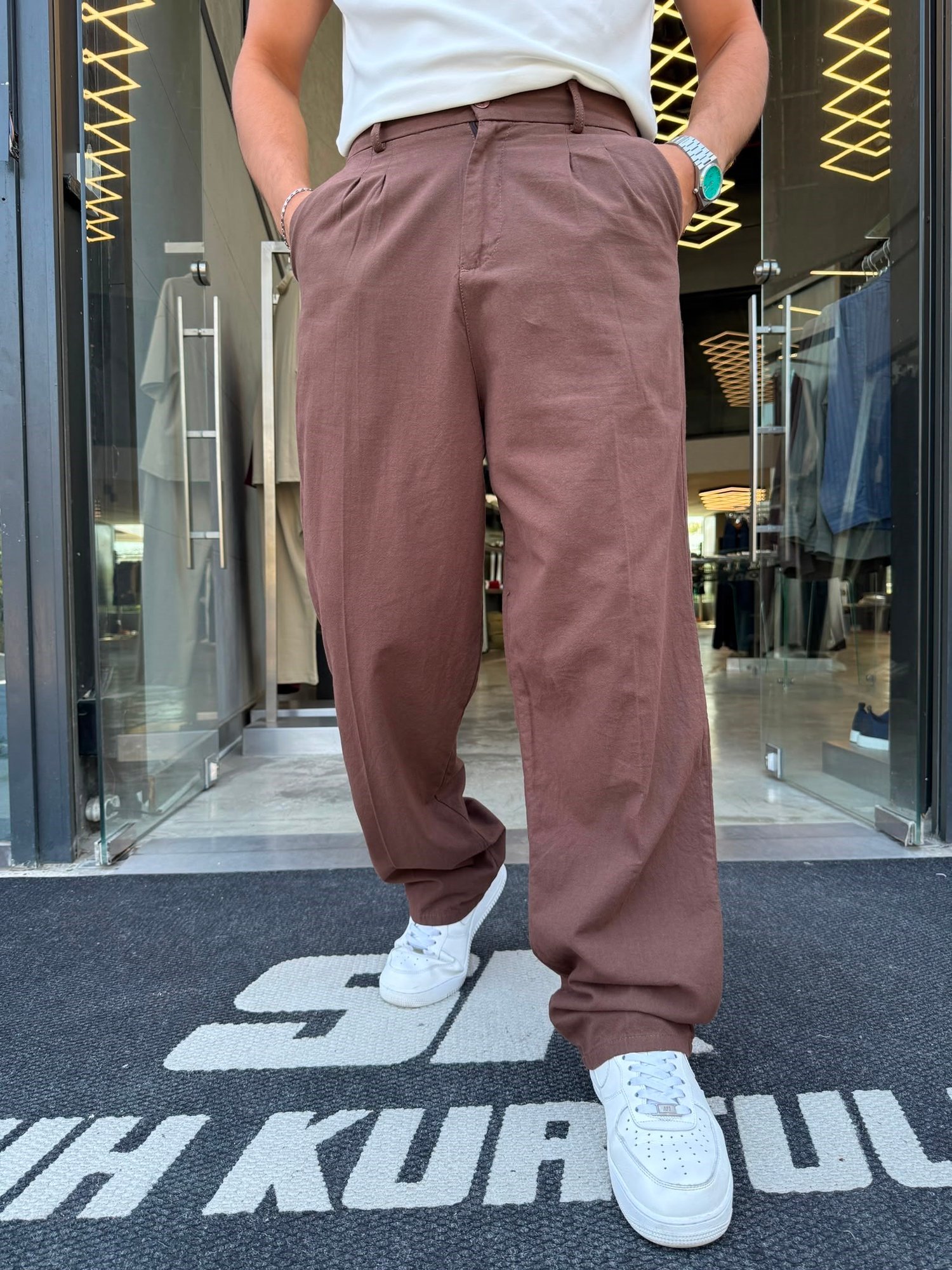 Kahverengi Keten Baggy Pantolon