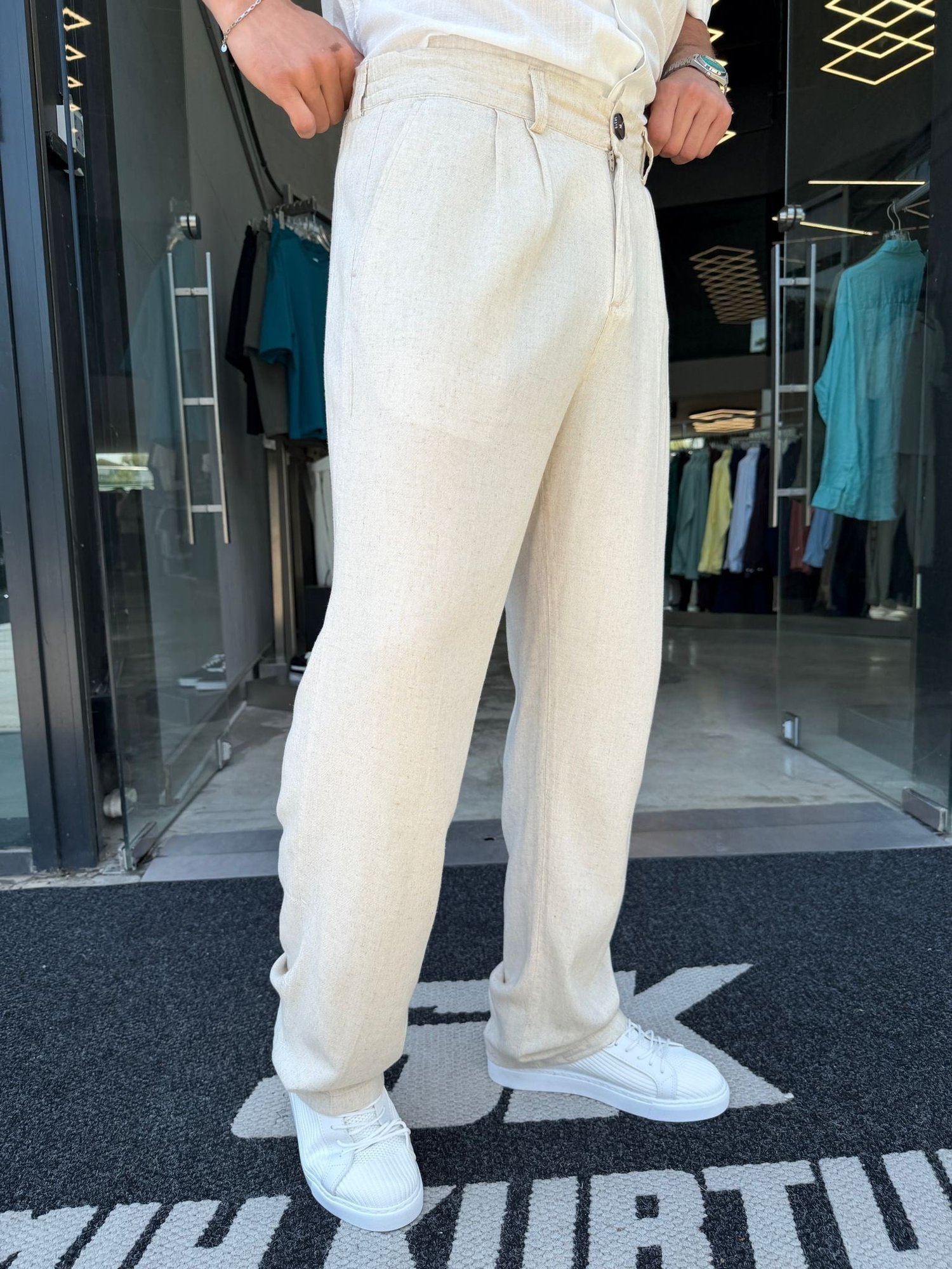 Krem %100 Pamuk Keten GG Pantolon