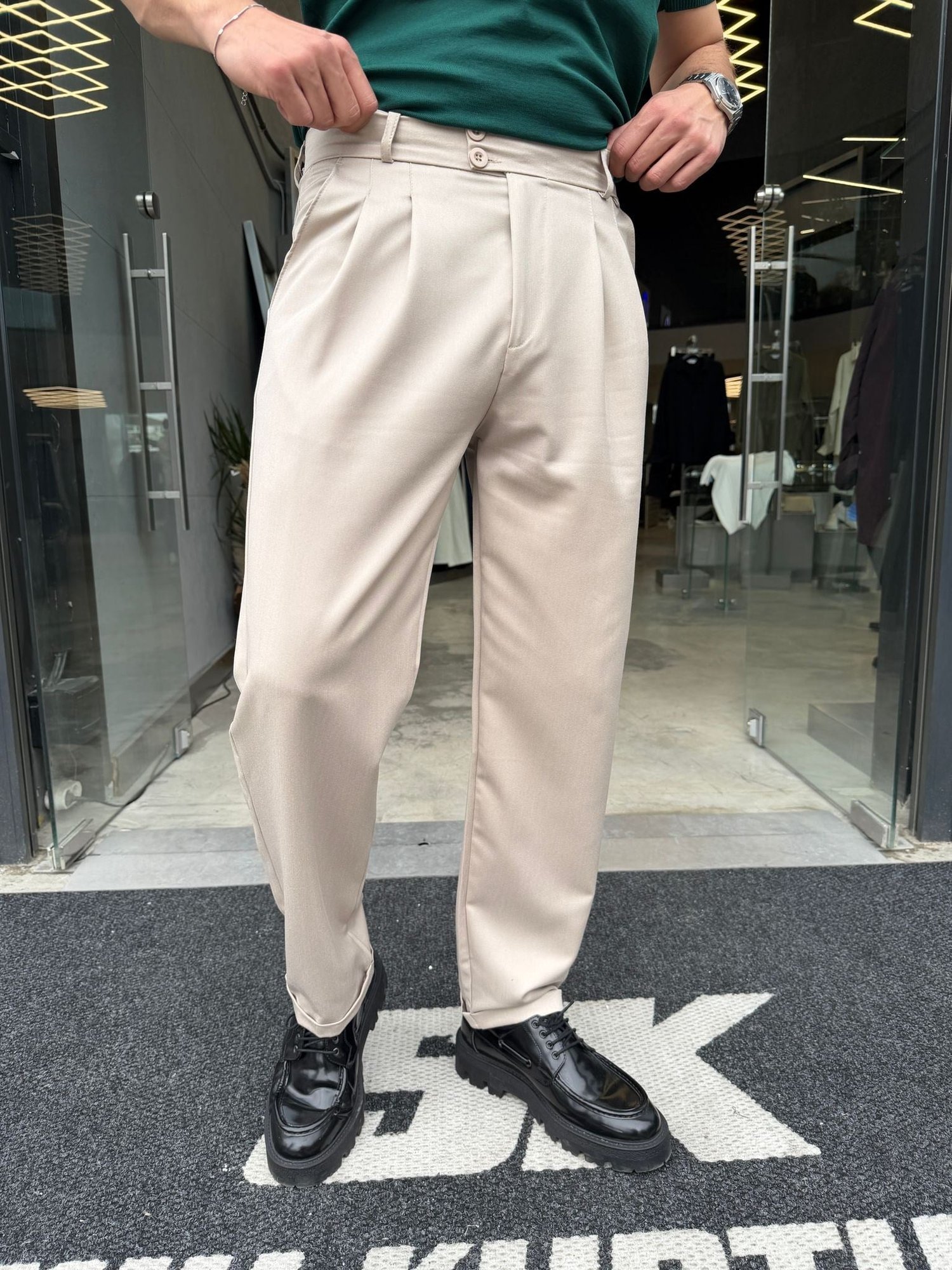 Krem Double Paça Premium Kalite Çift Düğmeli Pantolon -RT4017