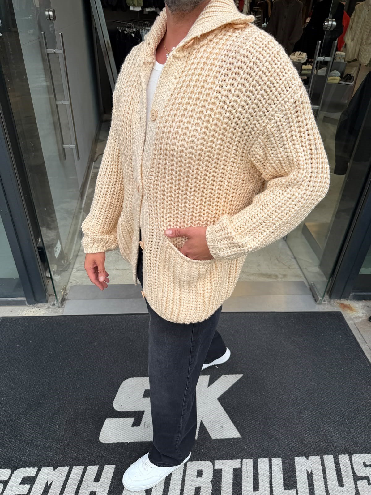 Krem Kalın Örgü Oversize Hırka G1449