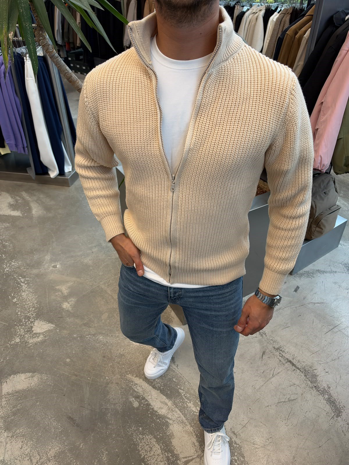 Krem Örgü Desen Hırka SK379