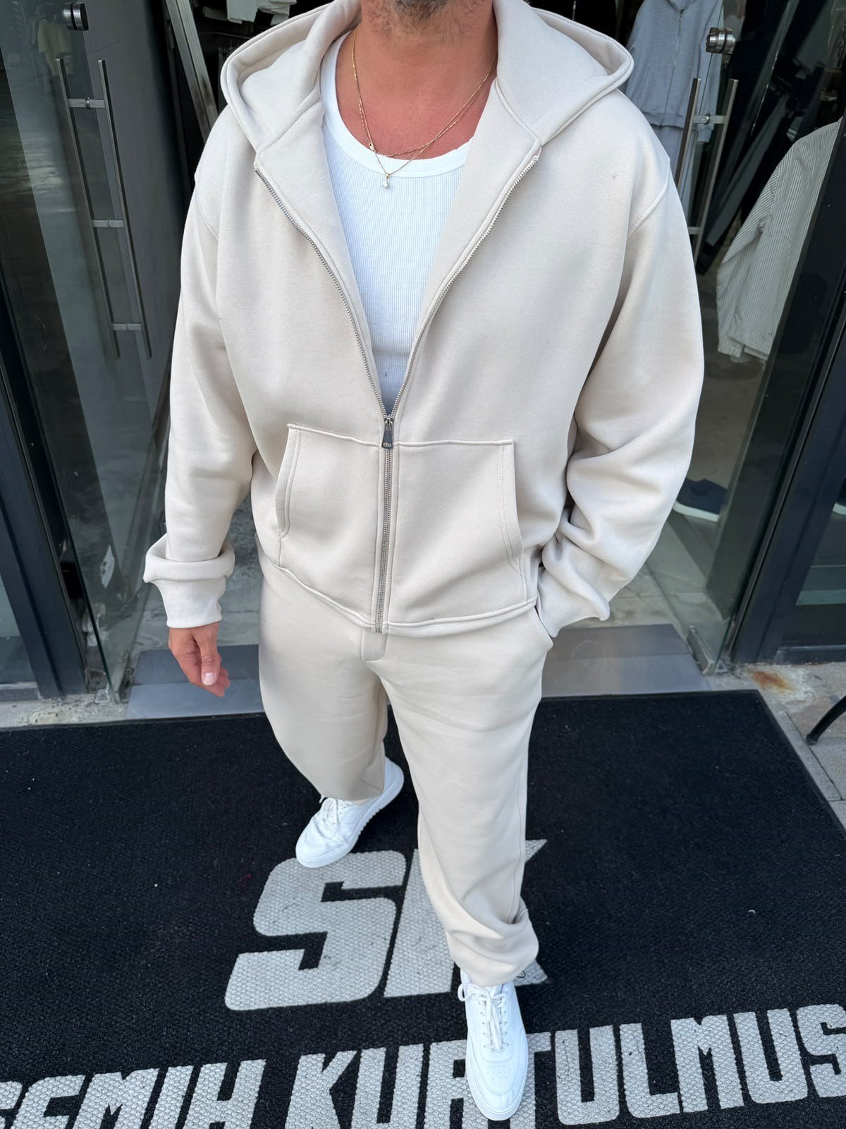 Krem Şardonlu Oversize Basic Takım RSP1