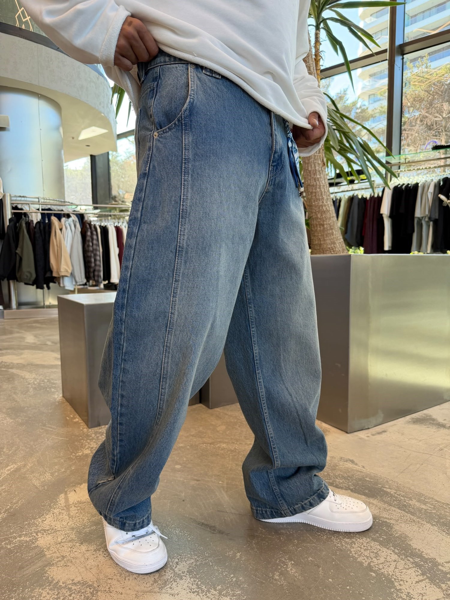 Lacivert Extra Super Baggy Parçalı Kot Pantolon WE2854