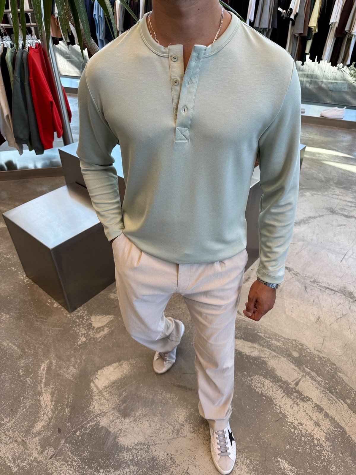Mint Yeşili Oysho Kumaş Düğmeli Henley