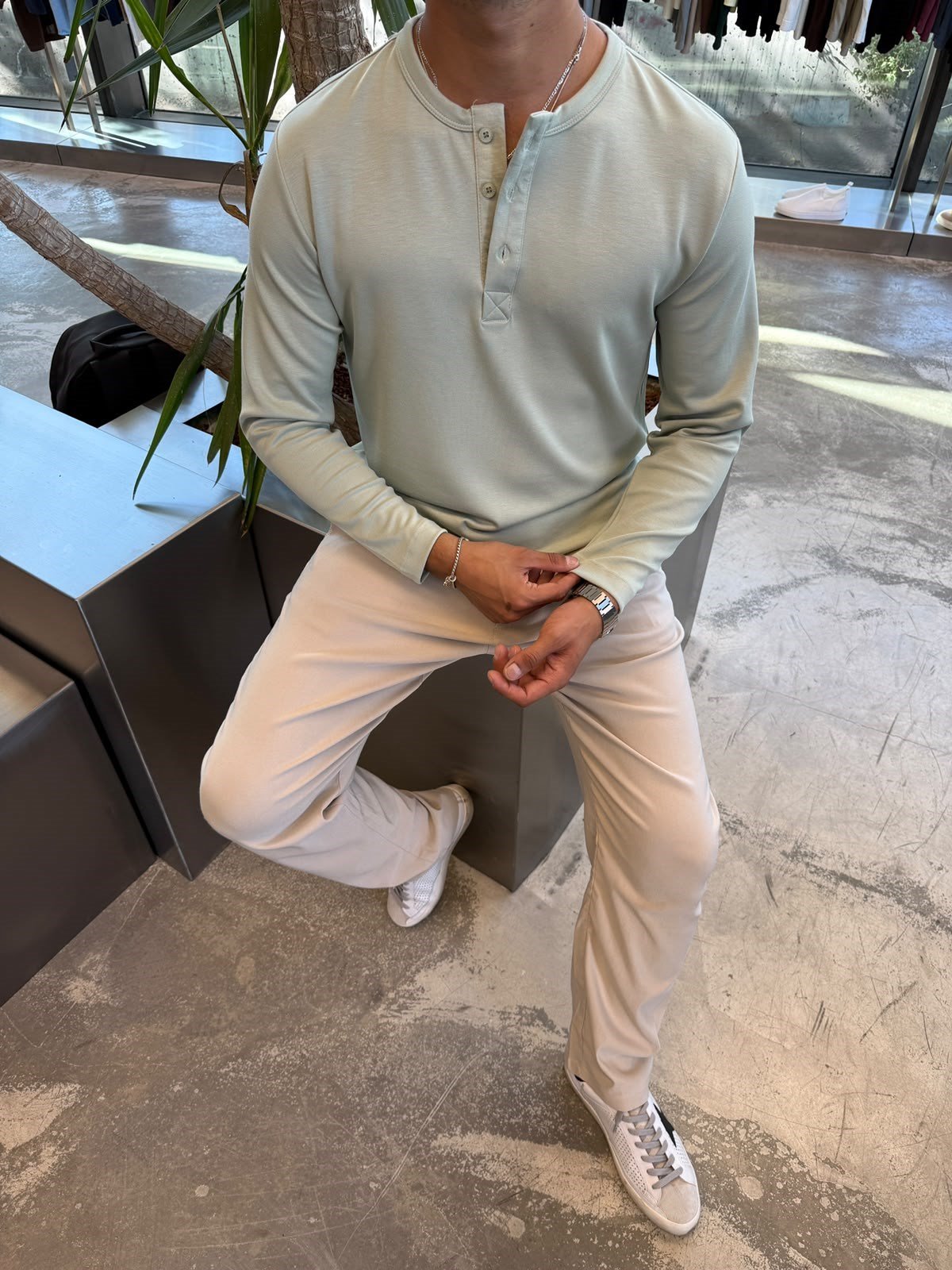Mint Yeşili Oysho Kumaş Düğmeli Henley