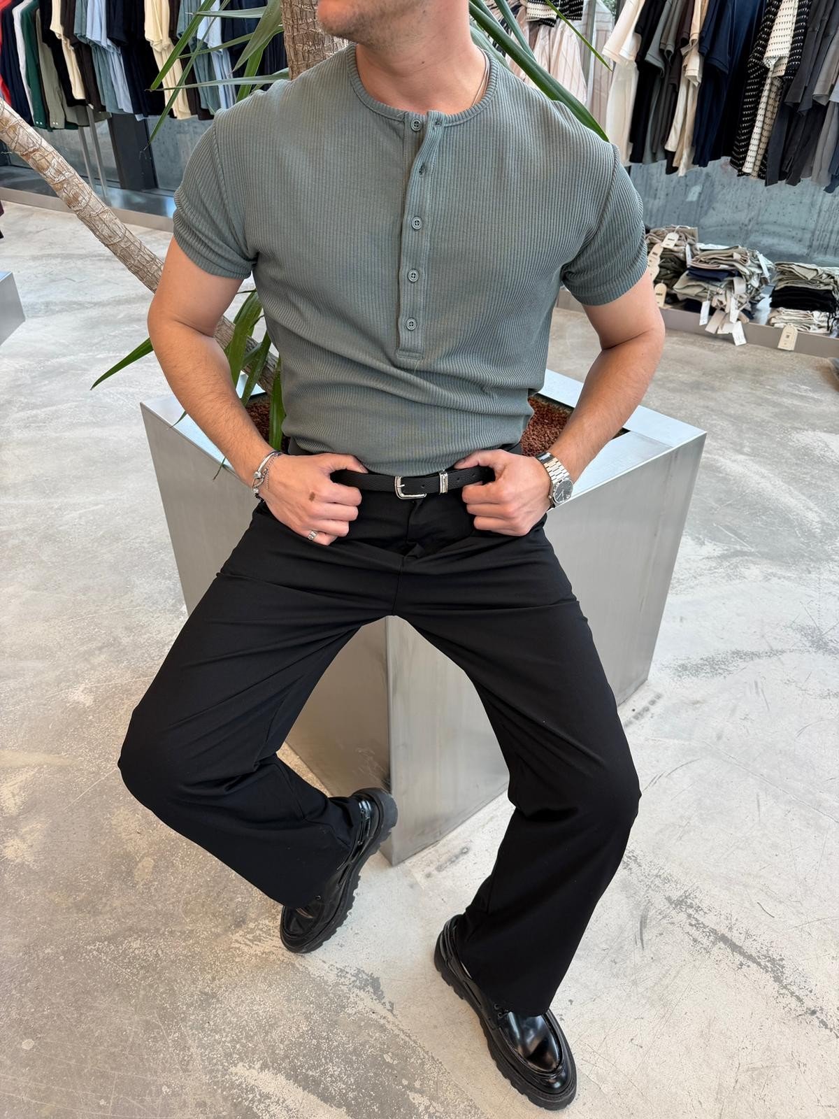 Mint Yeşili Yarım Pat Fitilli Kumaş Basic T-Shirt -R2804