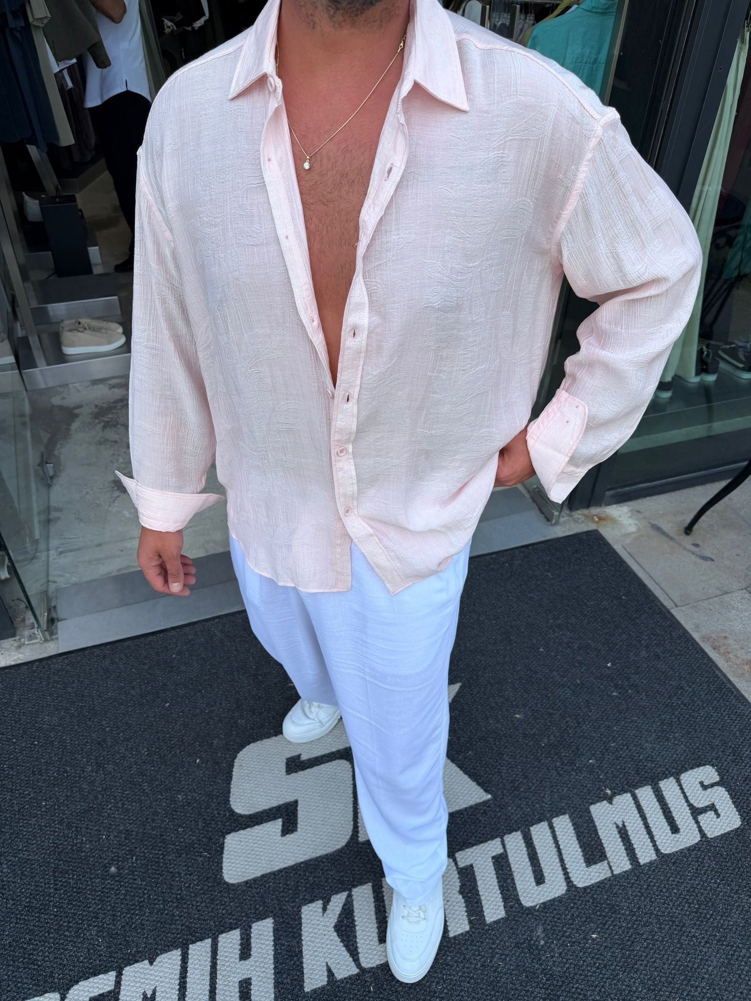 Pembe GG Etnik Desen Rayon Gömlek
