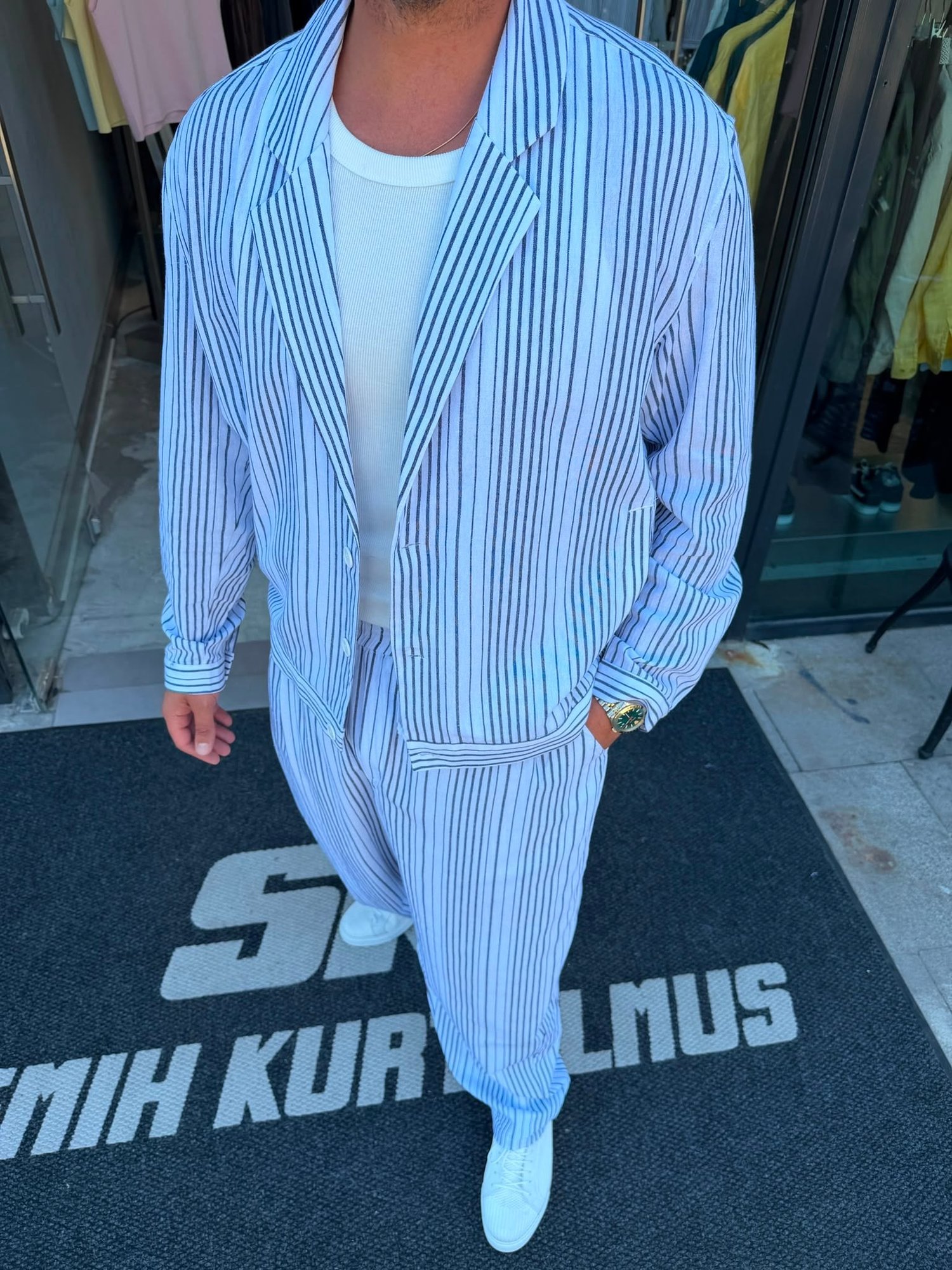 RT Siyah Çizgili Keten Oversize Takım RT0150