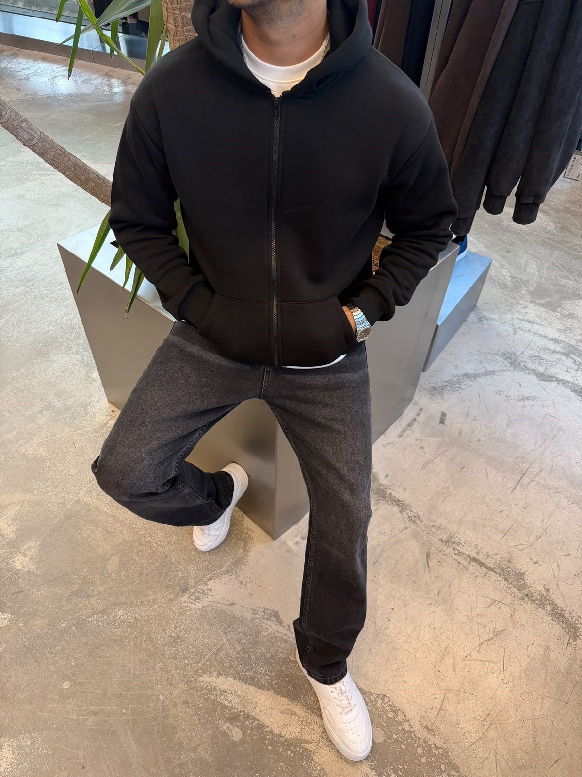Siyah Basic Fermuarlı Kapişonlu Sweat SP78