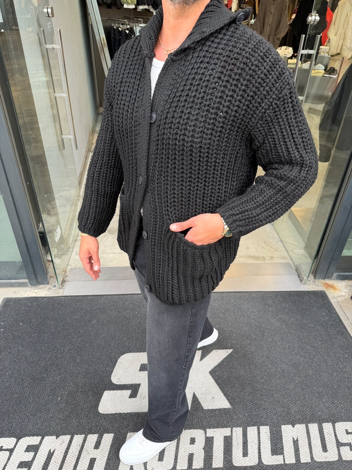 Siyah Kalın Örgü Oversize Hırka G1449