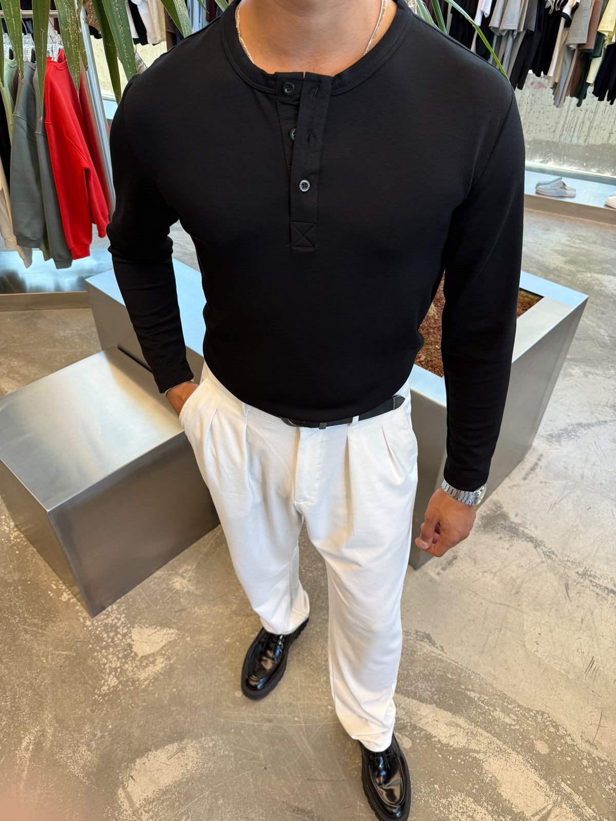 Siyah Oysho Kumaş Düğmeli Henley