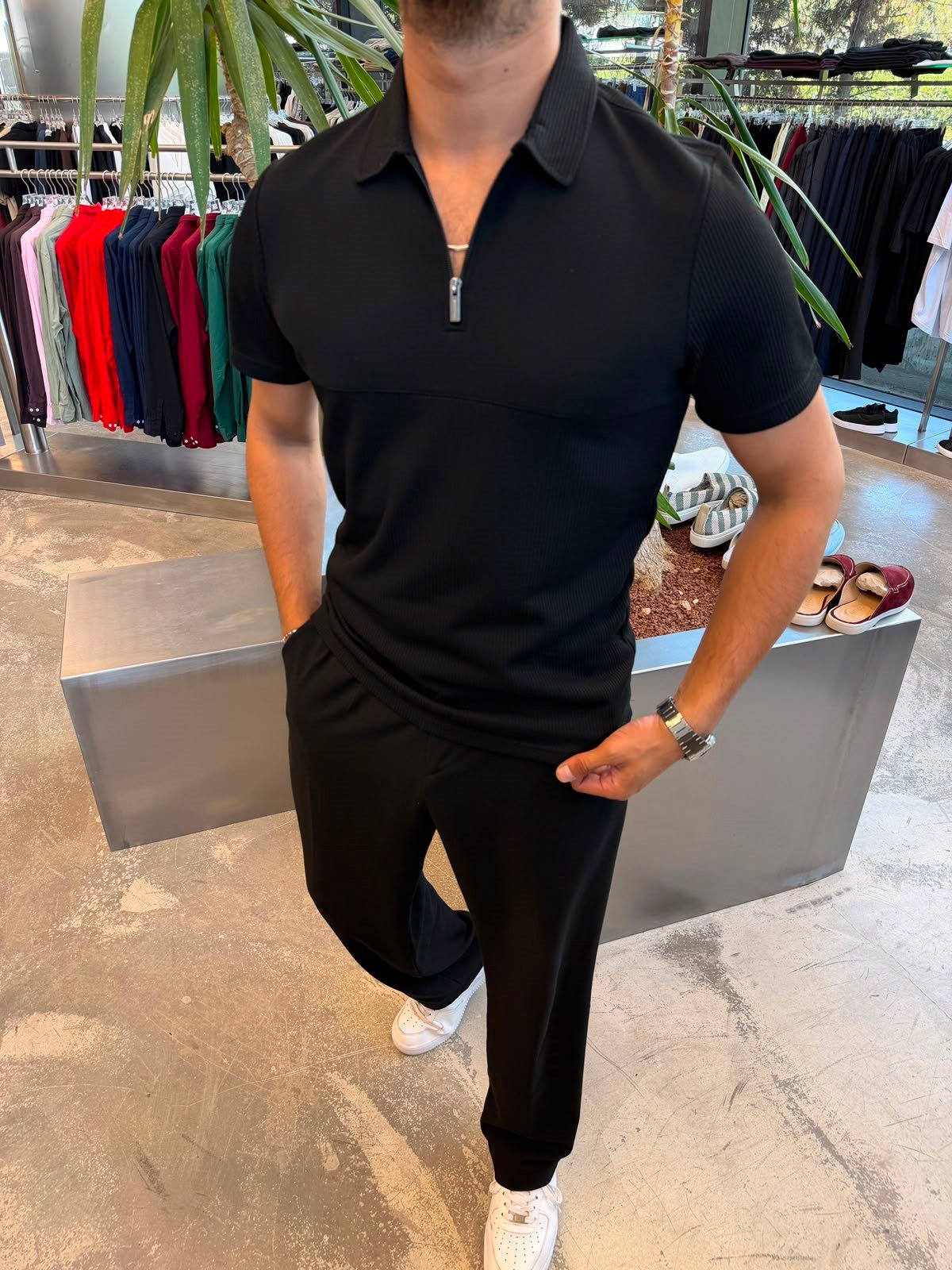Siyah Polo Yaka Fitilli T-Shirt