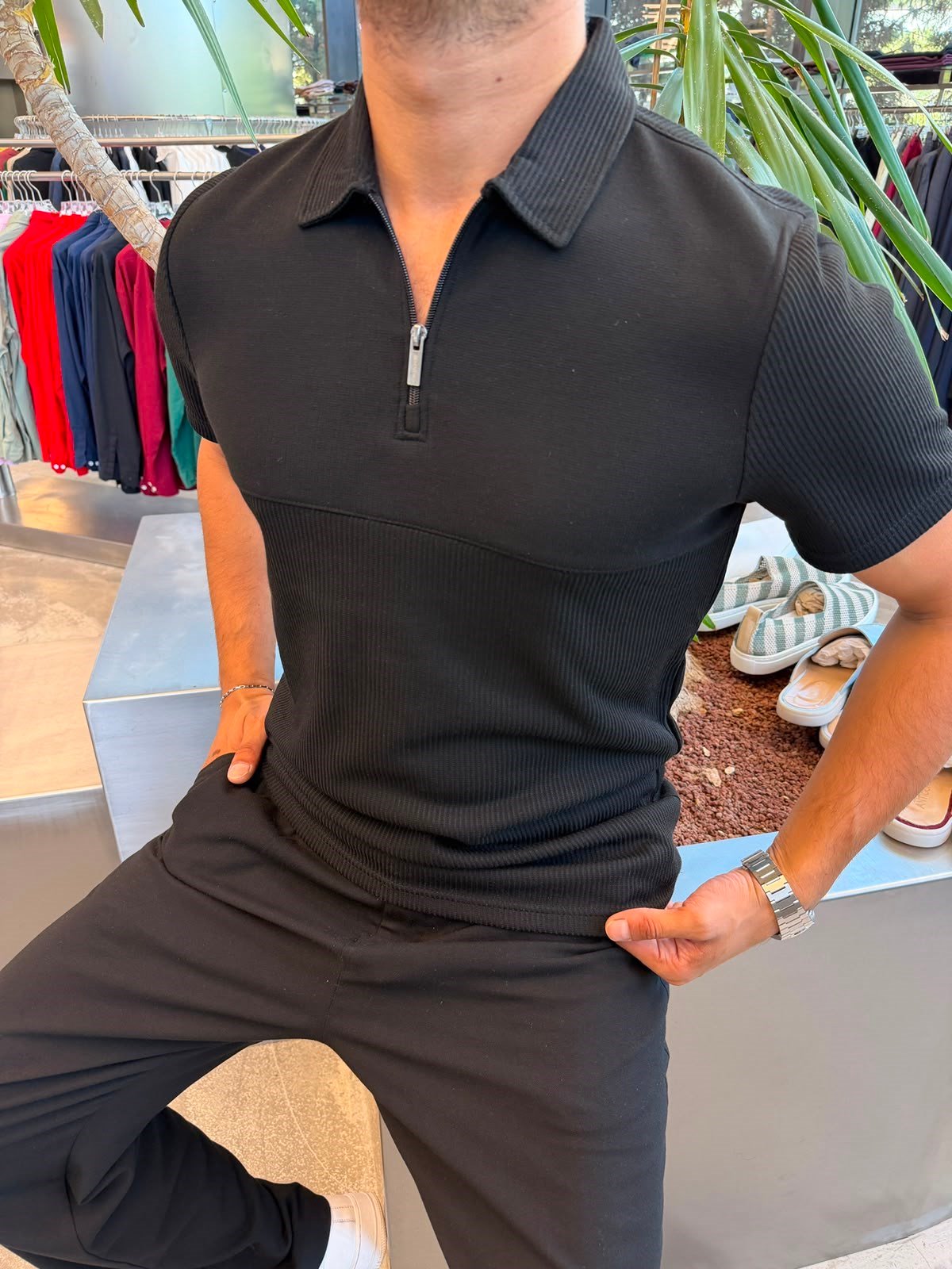Siyah Polo Yaka Fitilli T-Shirt