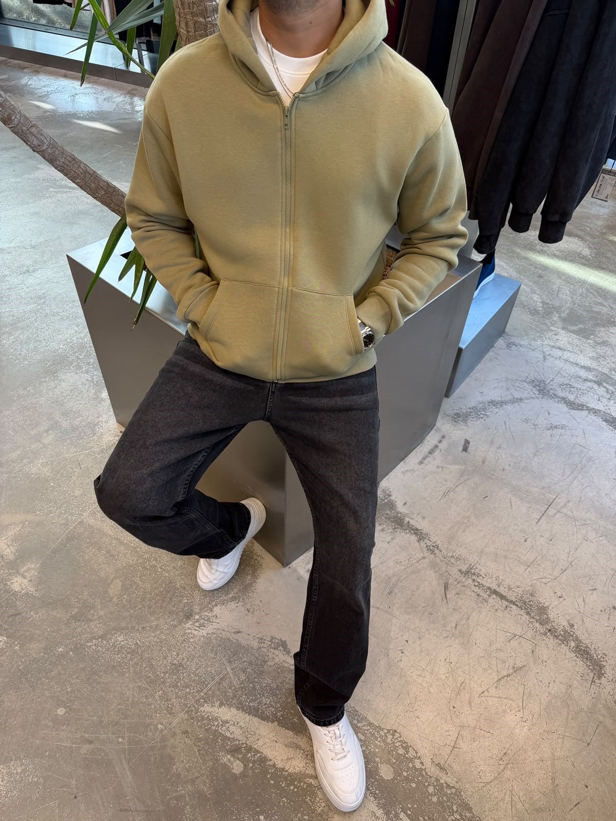 Yağ Yeşili Basic Fermuarlı Kapişonlu Sweat SP78