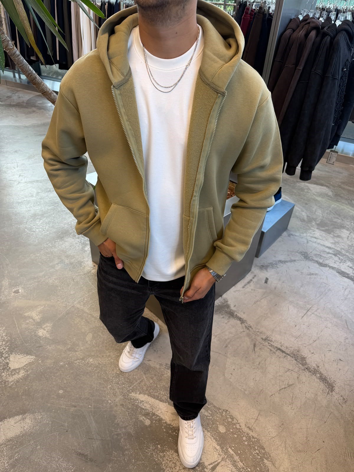 Yağ Yeşili Basic Fermuarlı Kapişonlu Sweat SP78