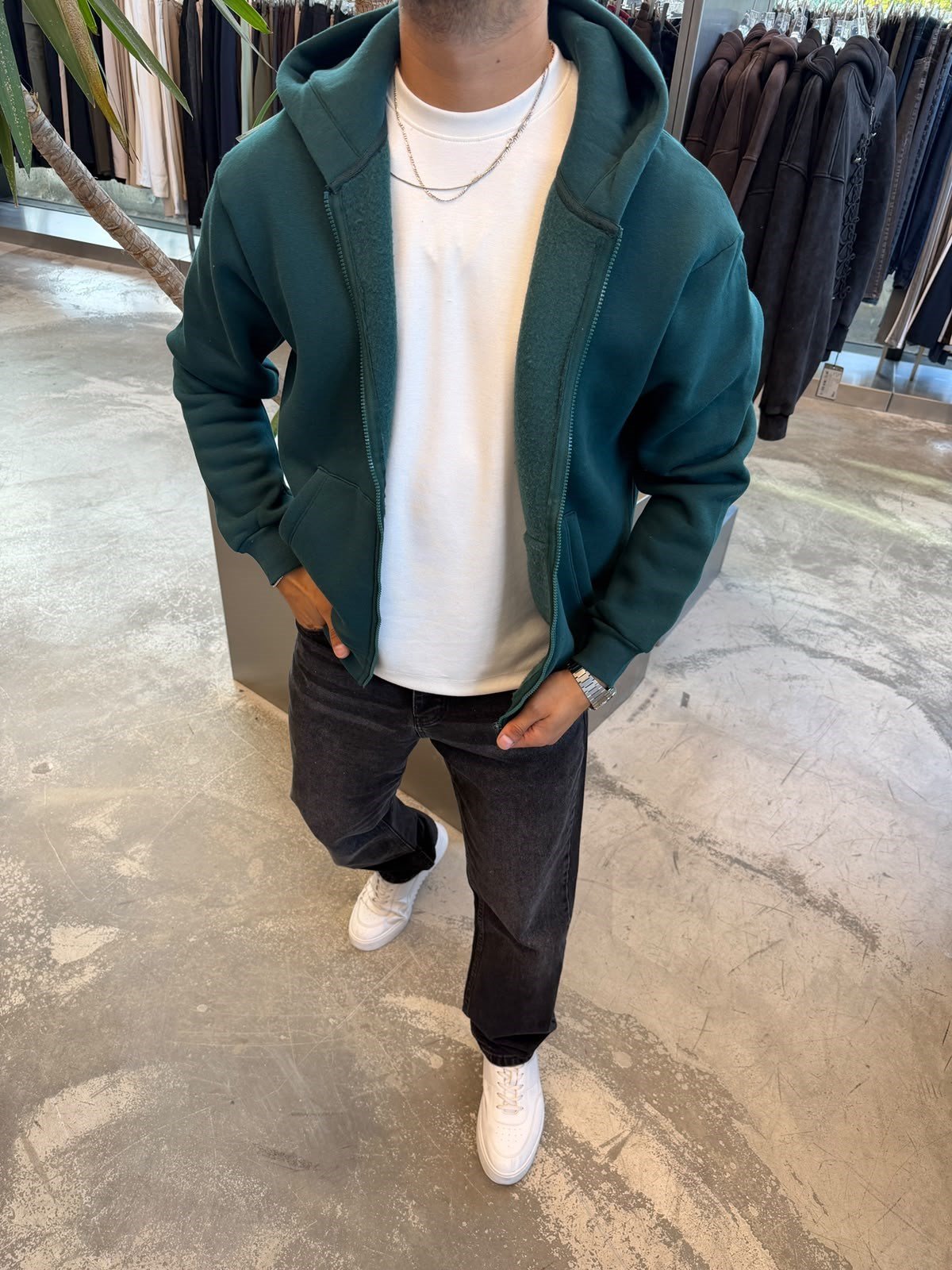Zümrüt Yeşil Basic Fermuarlı Kapişonlu Sweat SP78