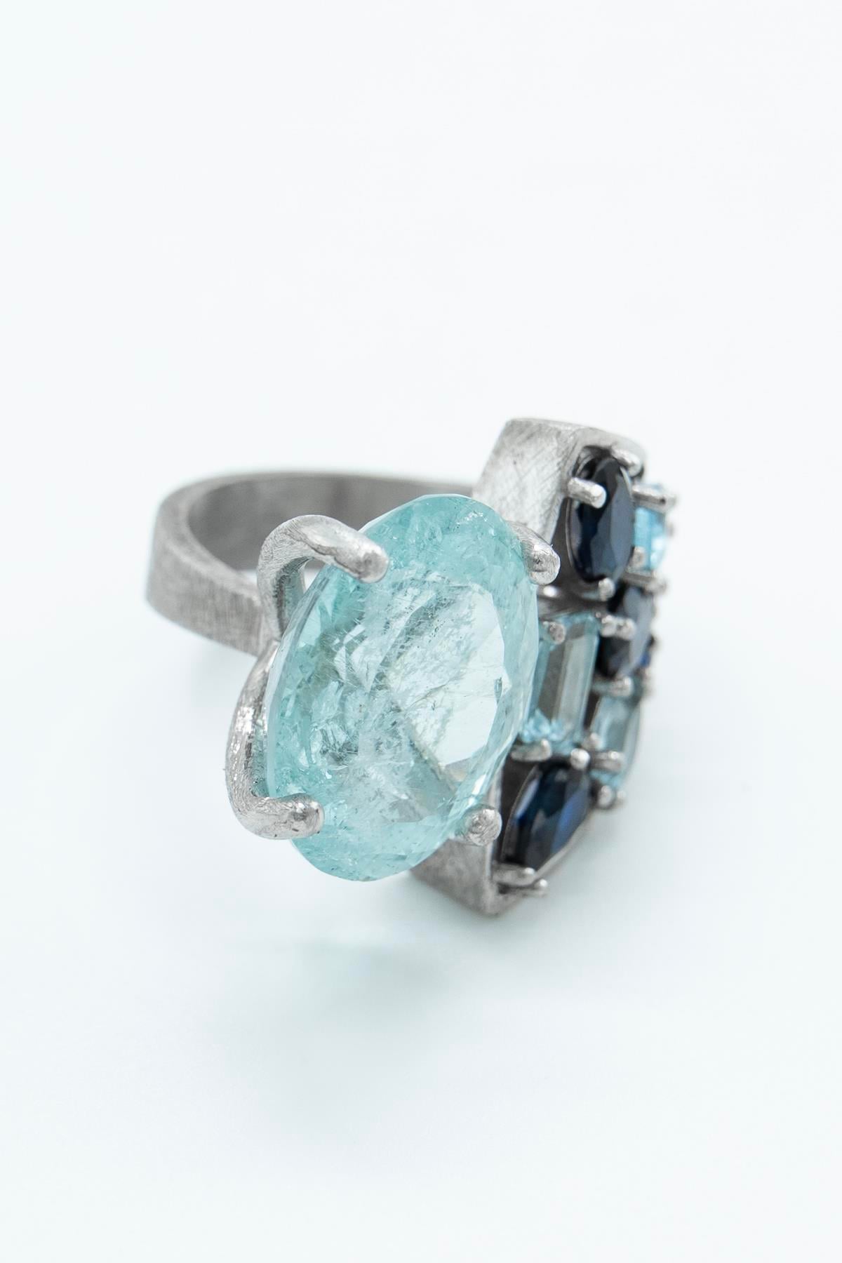 Aquamarin Safir Taşlı Gümüş Yüzük