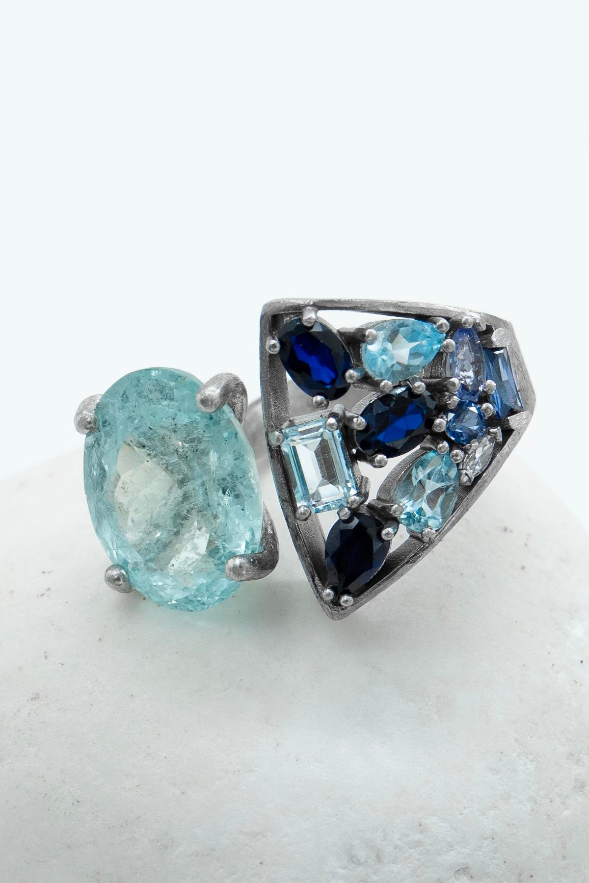 Aquamarin Safir Taşlı Gümüş Yüzük