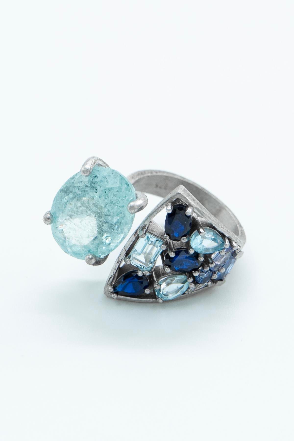 Aquamarin Safir Taşlı Gümüş Yüzük