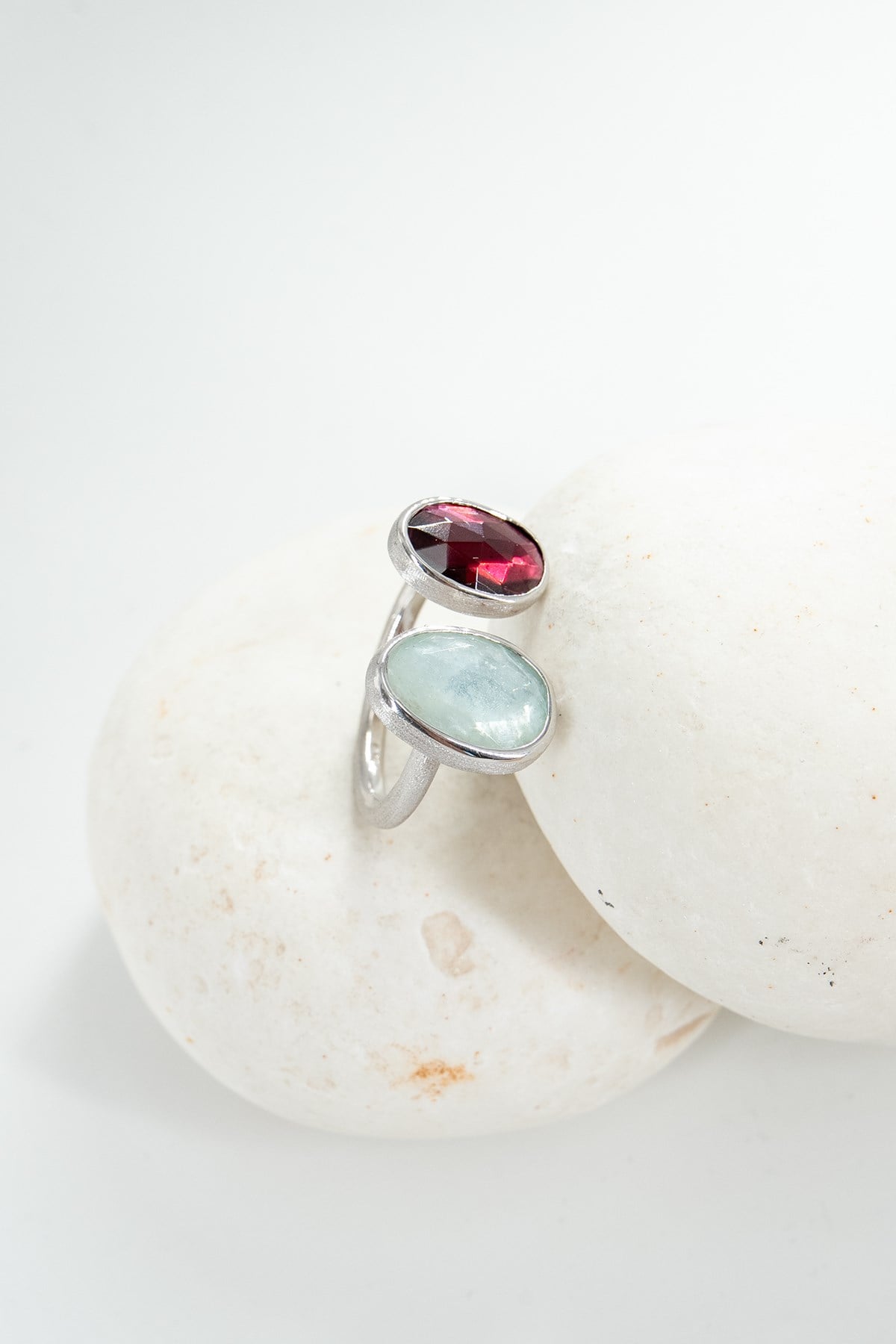 Aquamarine & Garnet Taşlı Gümüş Yüzük