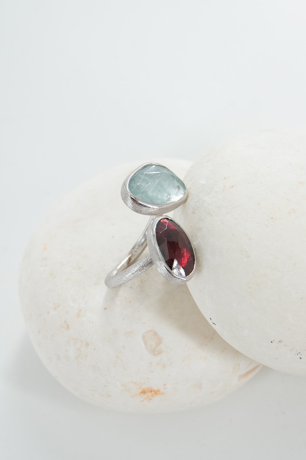 Aquamarine & Garnet Taşlı Gümüş Yüzük