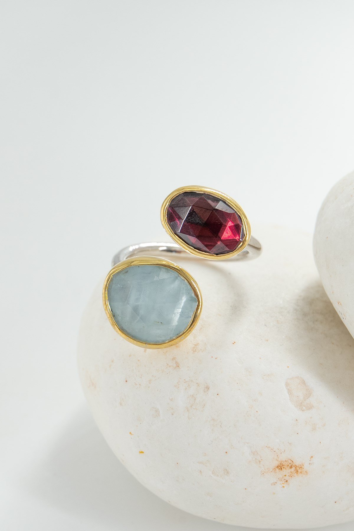 Aquamarine & Garnet Taşlı Gümüş Yüzük