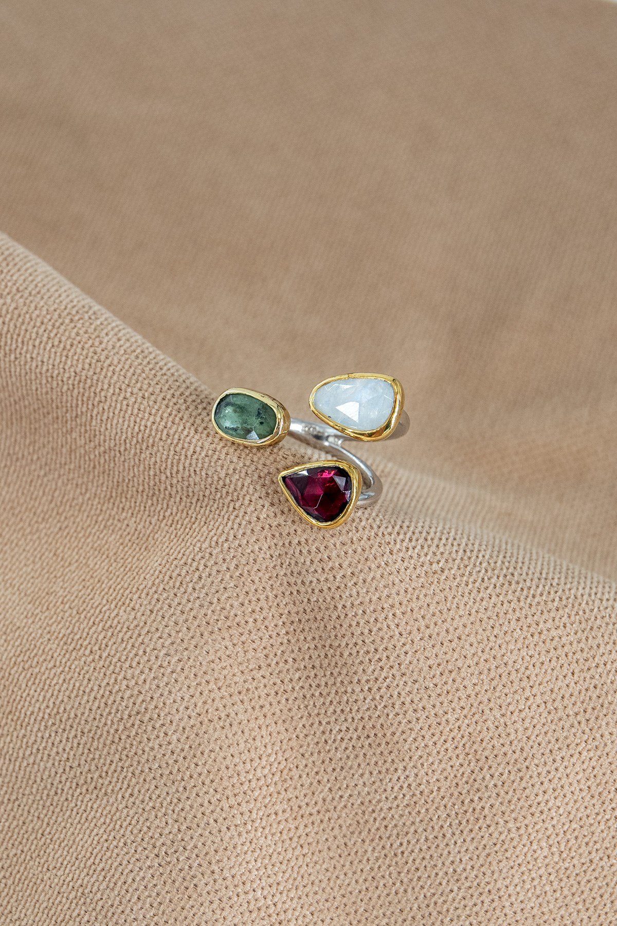 Garnet, Moonstone, Kyanit Taşlı Gümüş Yüzük