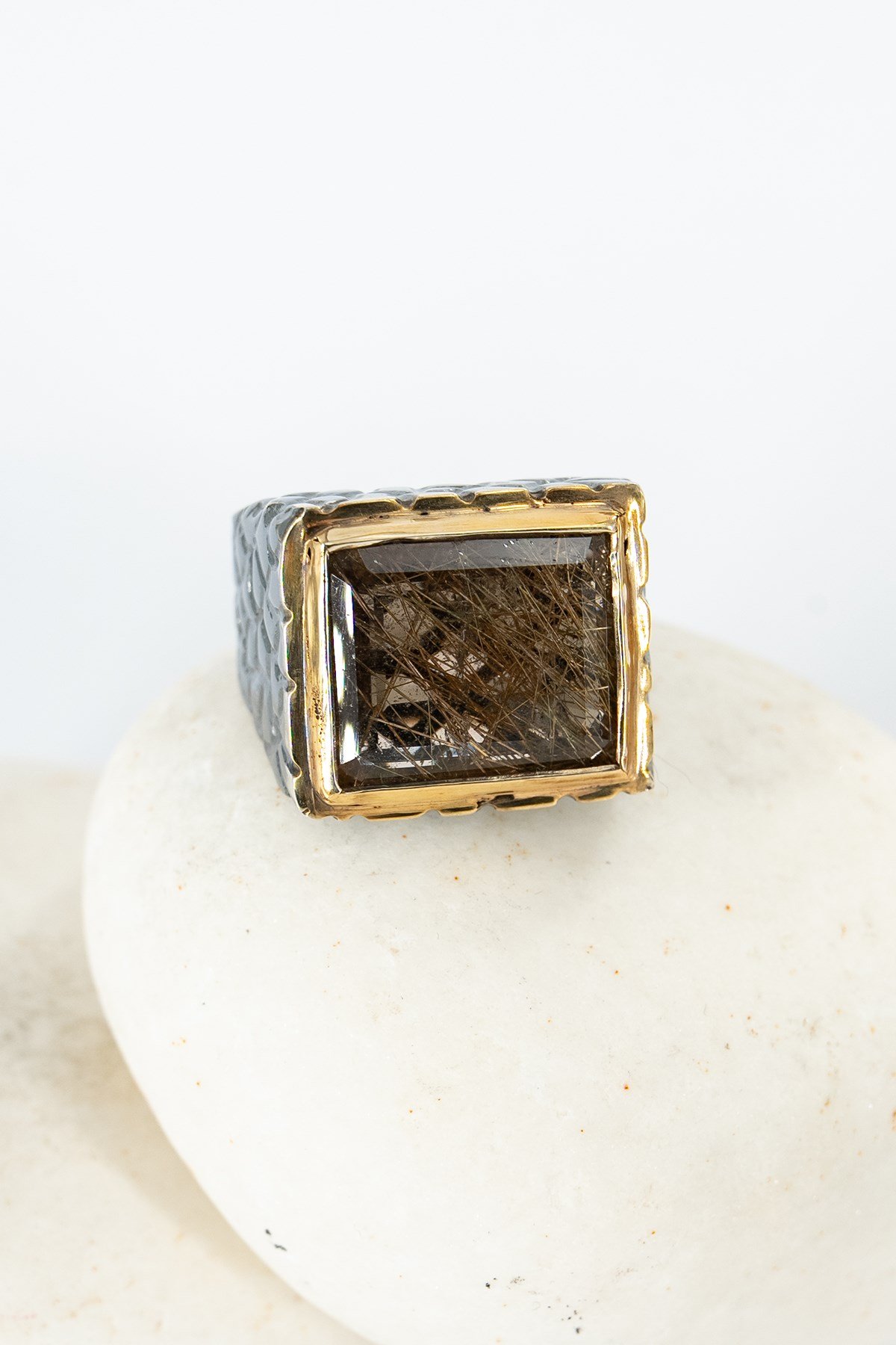Gold Black Rutil Quartz Gümüş Yüzük